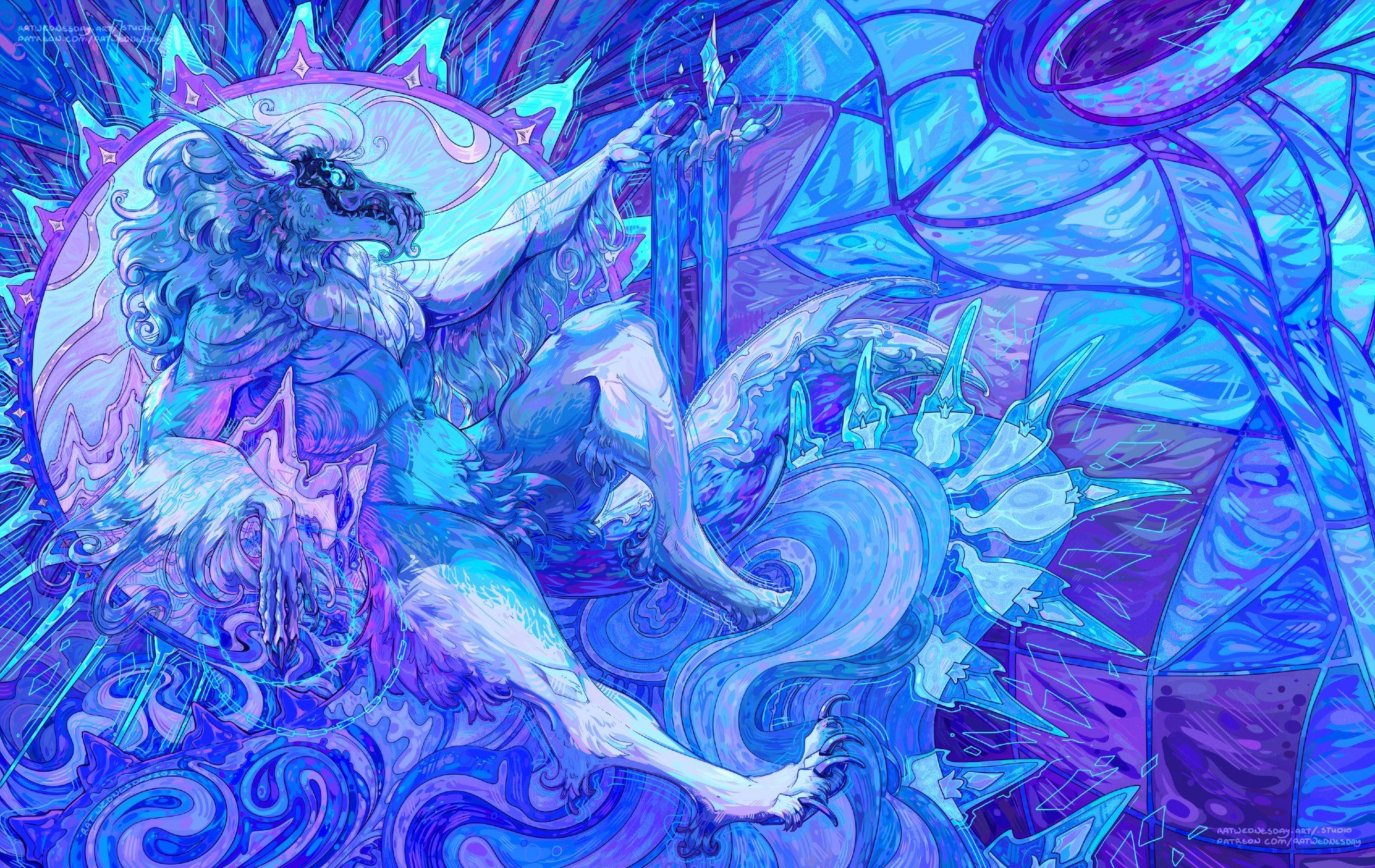 A digital abstract illustration of a white and blue skull-faced anthropomorphic wolf lounging in swirling ice. He is holding up one hand with a shard of ice hovering above. a stained glass design reminiscent of a skull is in the background, along with repeated abstracted motifs of ice and teeth. Art by Rat Wednesday.