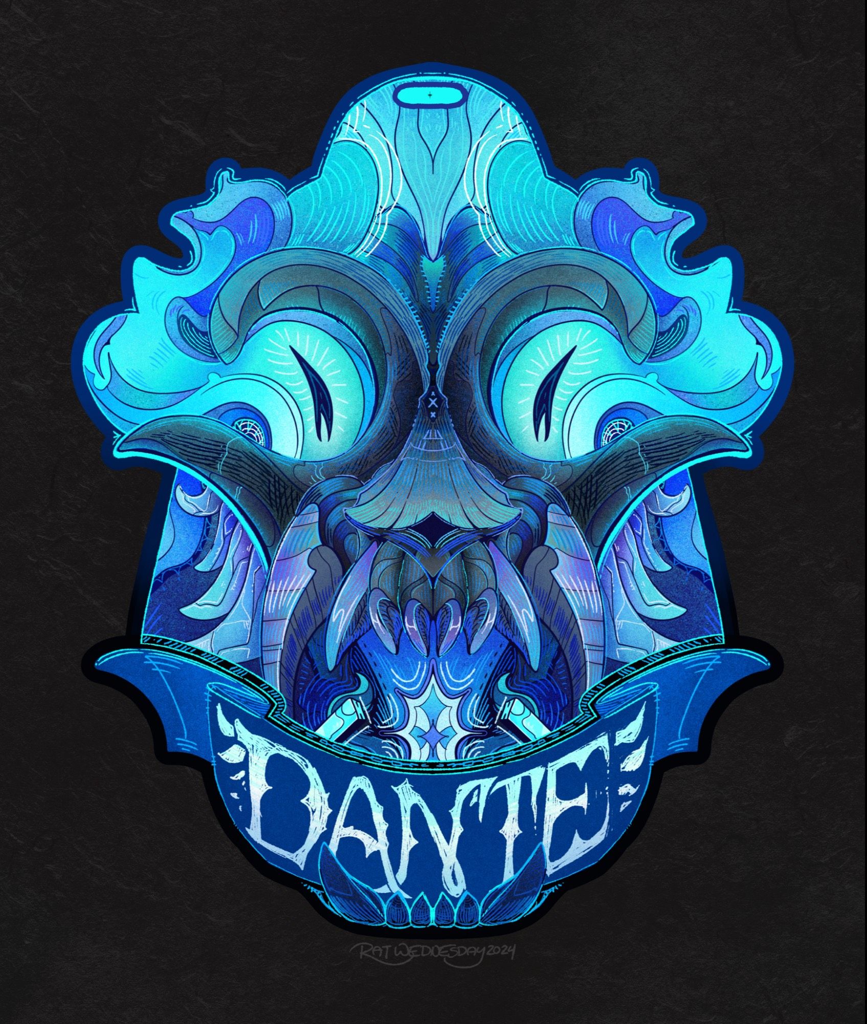 A digital cutout of a stylized wolf-like skull face with fiery blue eyes. A name plate in the shape of a banner is at the bottom with stylized text reading “DANTE”.