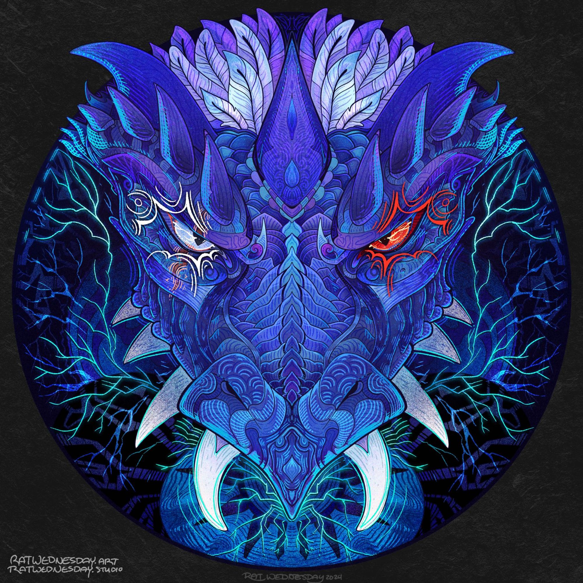 A symmetrical portrait of a stylized blue dragon with lightning coming from their mouth. The dragon has a crest of white feathers, one red eye, and one pale blue eye with a scar through it.