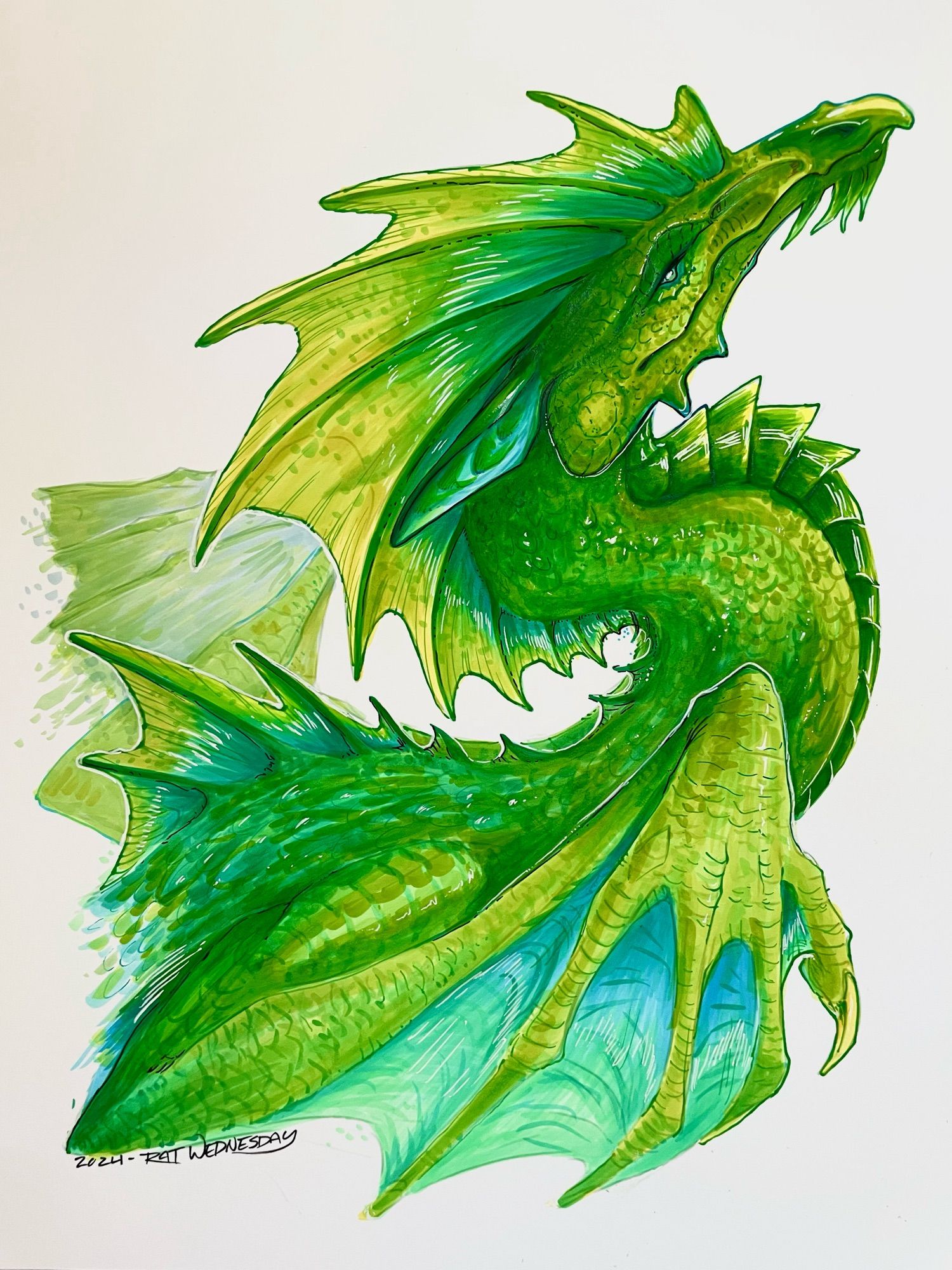 A traditional drawing of a green finned dragon with blue accents.