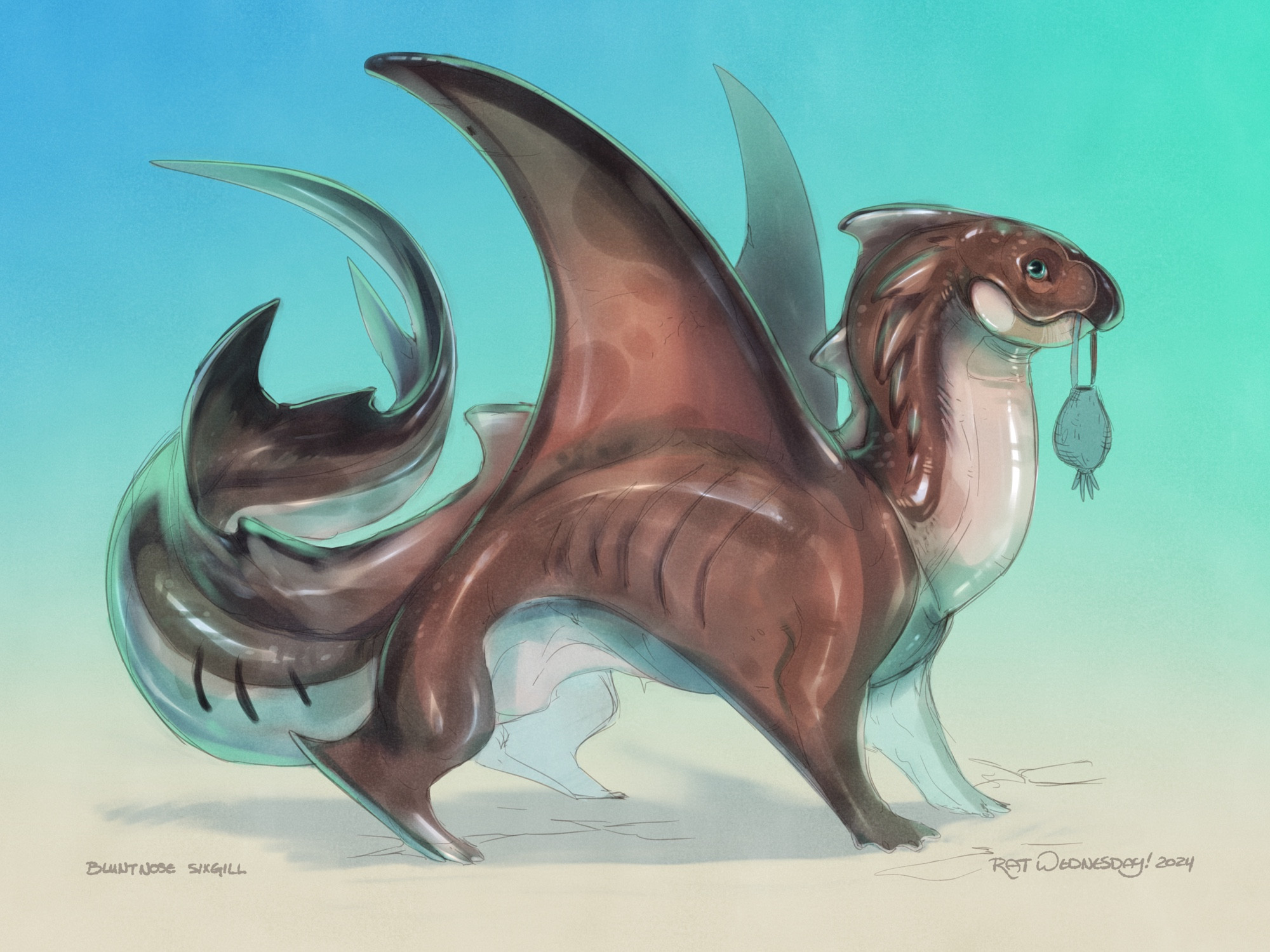 A digital drawing of a fantasy dragon-like animal based on a bluntnose sixgill shark.