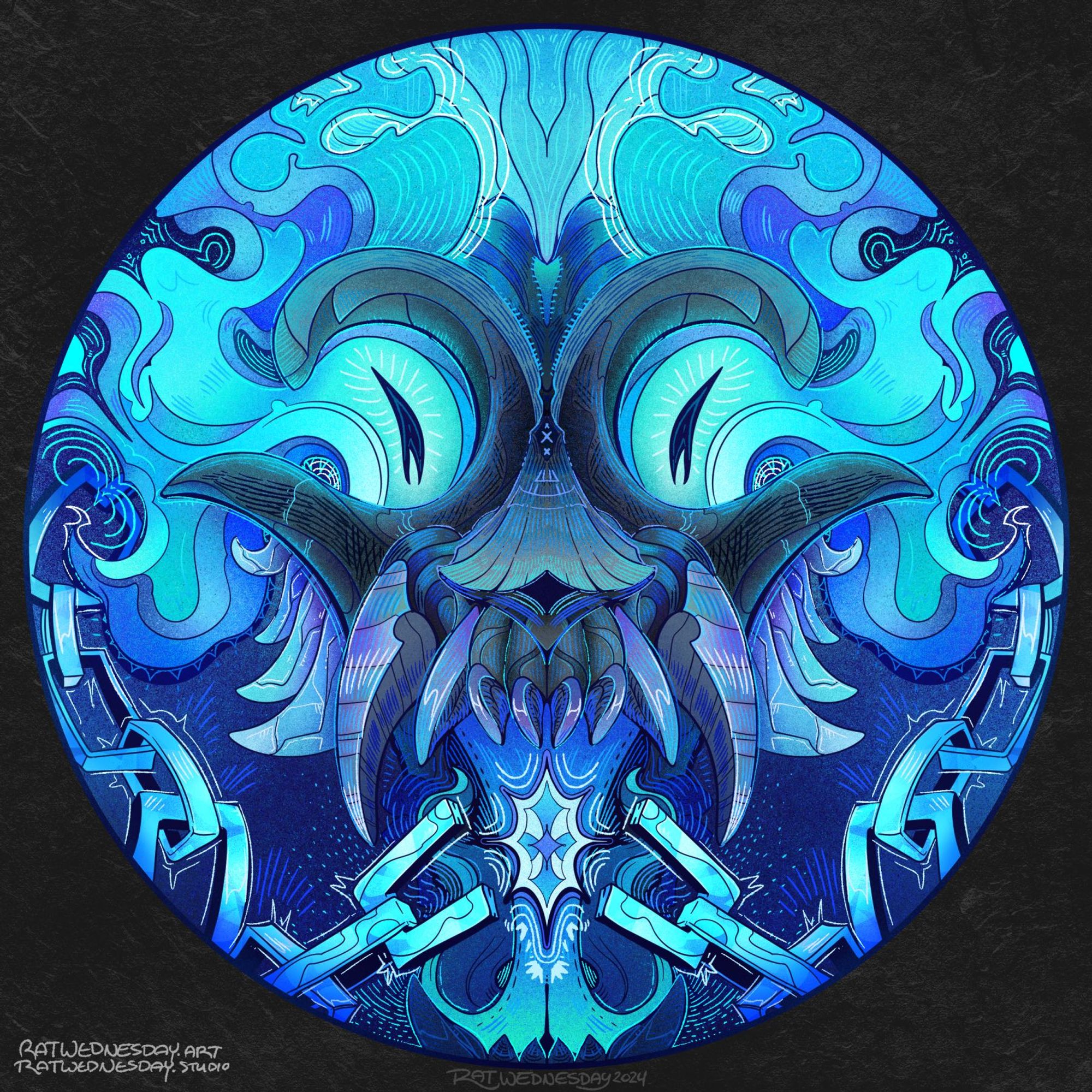 A symmetrical portrait of an abstract blue and black animal skull with large fangs. The skull has blue fiery eyes and a motif of chains around the border.