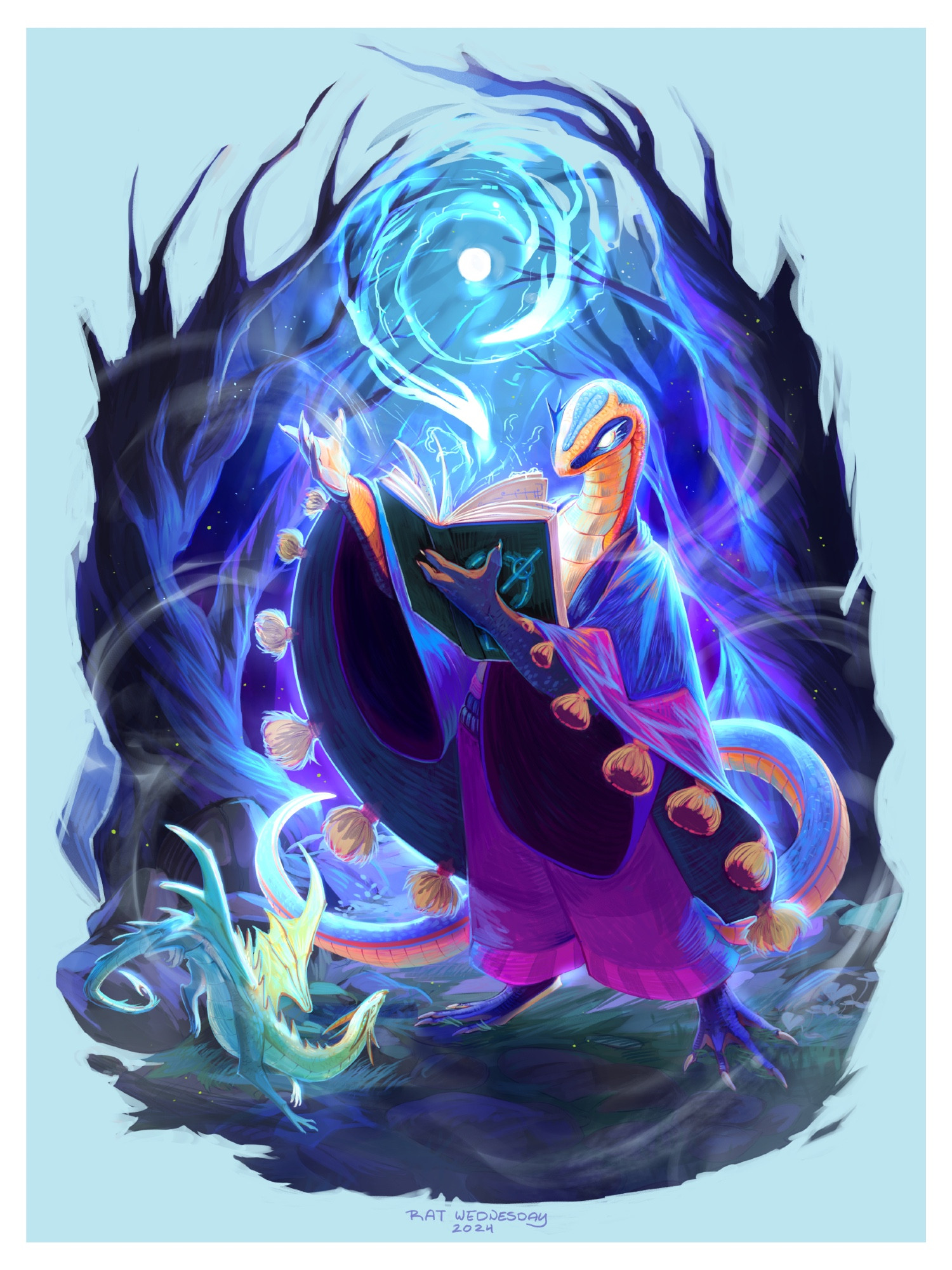 An illustration of an anthromorphic skink in flowing robes, casting a spell from a magical tome. She stands on grass and rocks under the light of a full moon, surrounded by old twisted trees and with her little green drake familiar skipping around her heels.