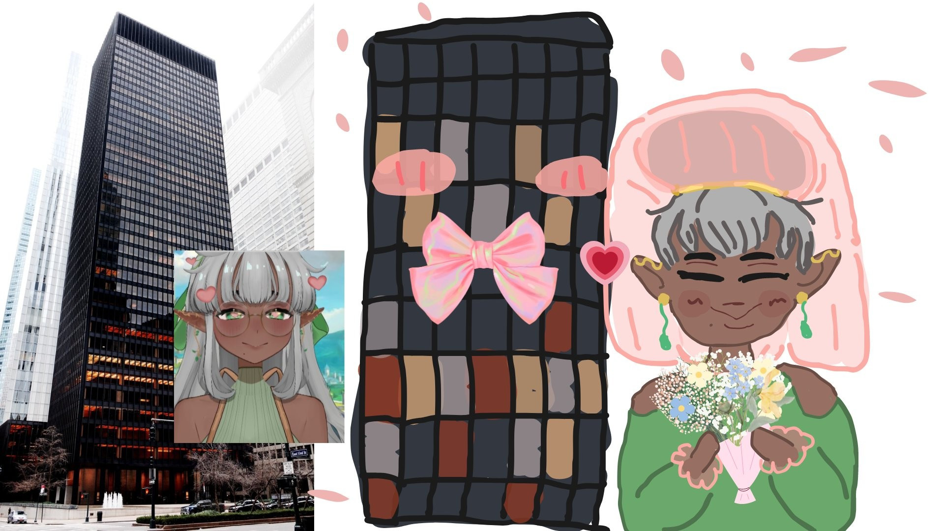 A beautiful elf by the name of Kari, with silver hair in a bun, and a pink veil over her. She's holding a bundle of flowers, wearing a green wedding dress as she get married to a literal building. It's a tall black building with multicolored glass, mostly reds, oranges, grey and yellows. The building is blushing and wearing a pink bow. 