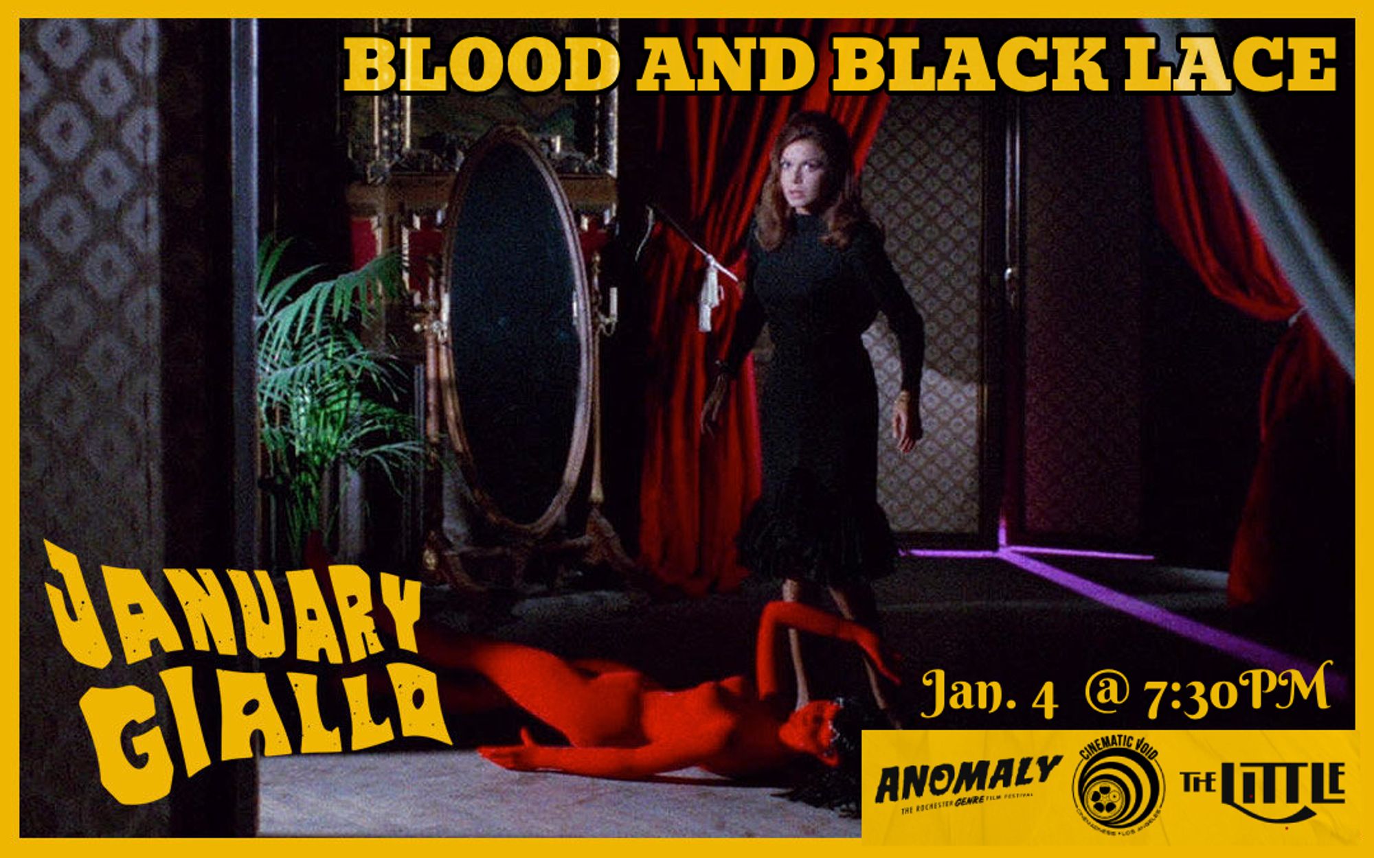 Still of a woman in a long black dress stepping around a fallen red mannequin. Text: Blood and Black Lace. January Giallo. Jan. 4 at 7:30pm.