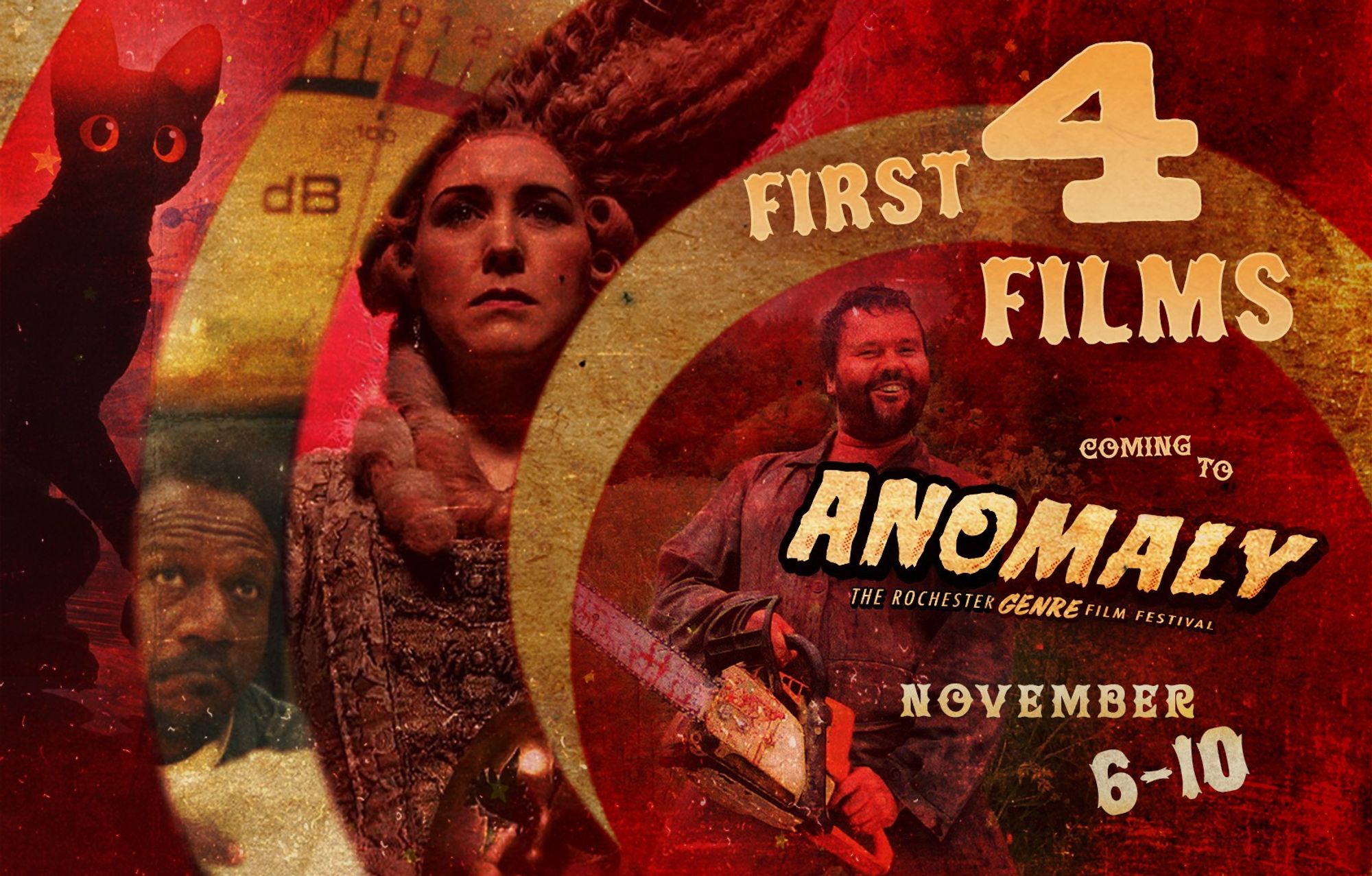 Promo image with red and beige swirls. Text: First 4 Films Coming to Anomaly. November 6-10.