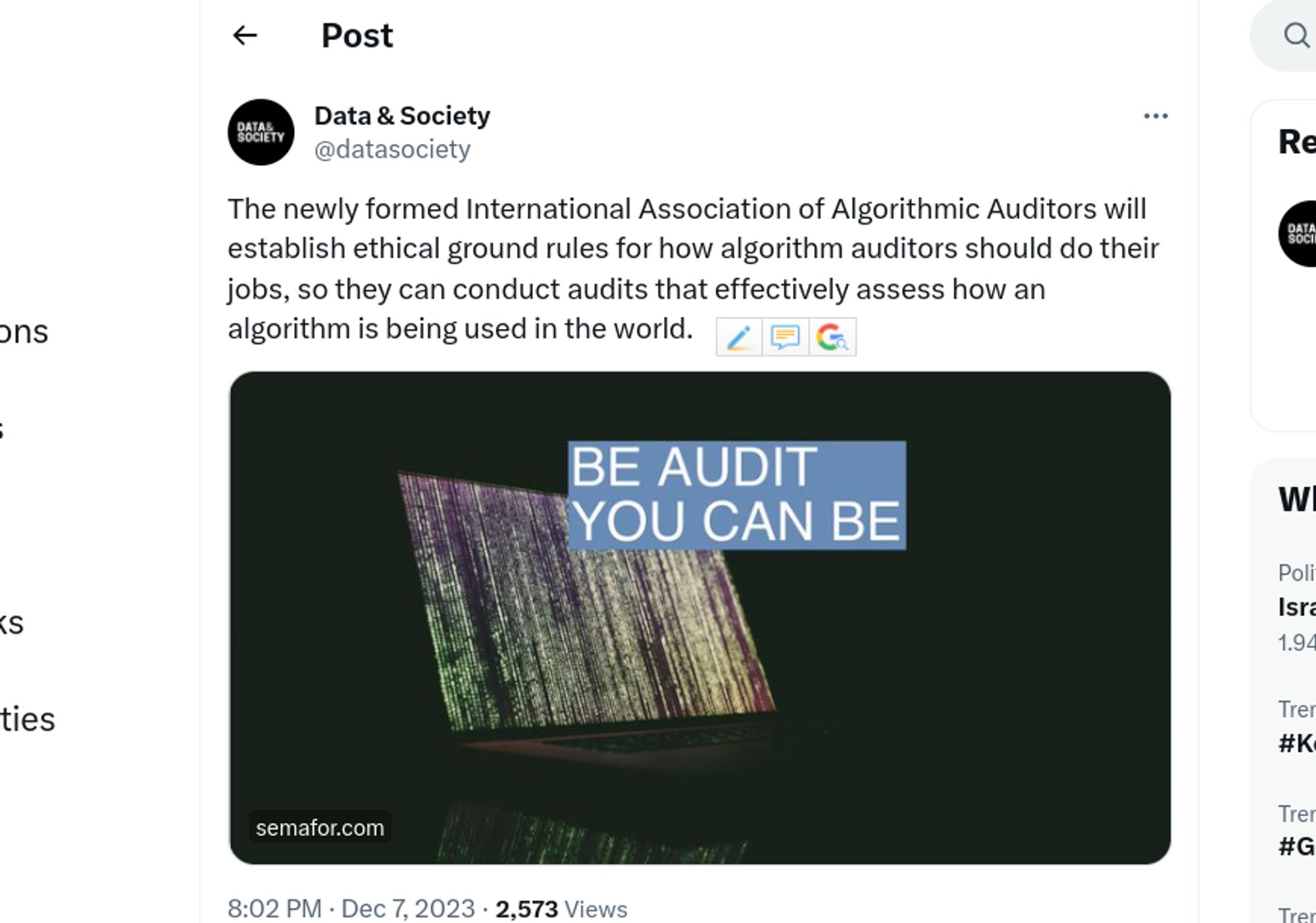 tweet from @datasociety that says "The newly formed International Association of Algorithmic Auditors will establish ethical ground rules for how algorithm auditors should do their jobs, so they can conduct audits that effectively assess how an algorithm is being used in the world."