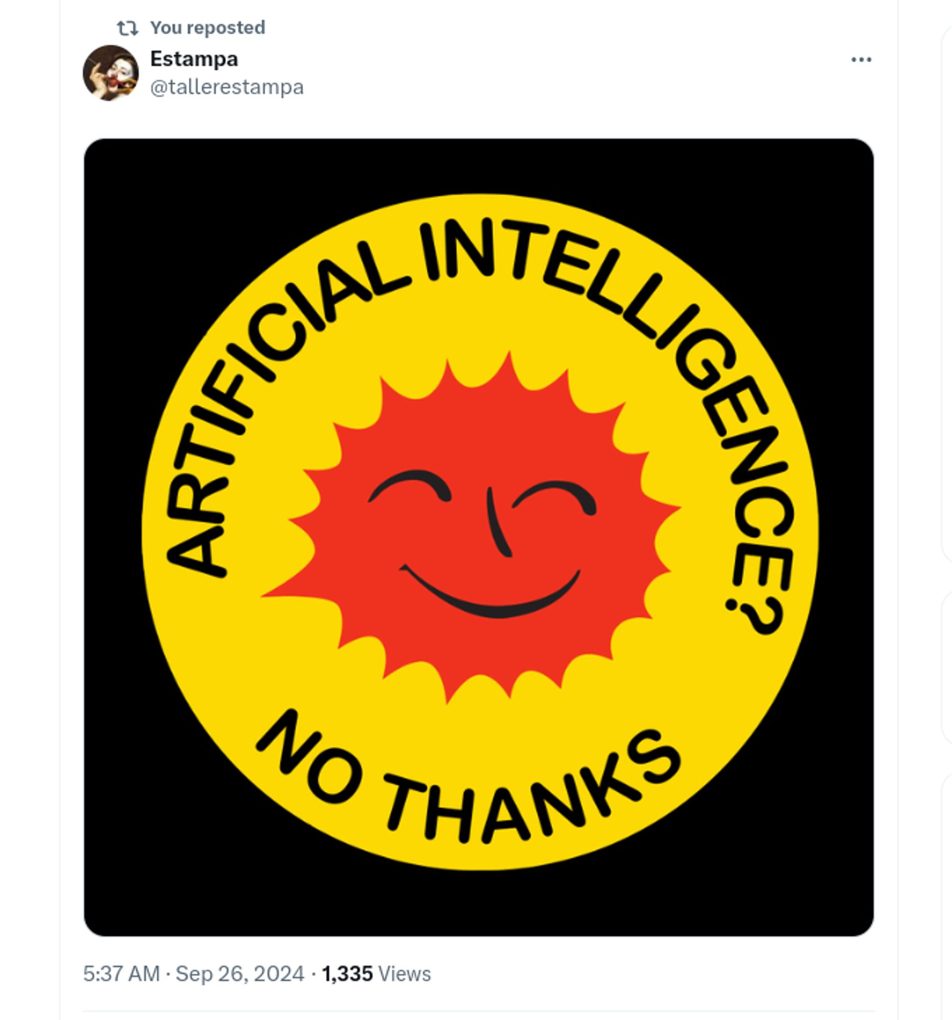 the anti-nuclear sunshine badge altered to say 'artificial intelligence - no thanks'