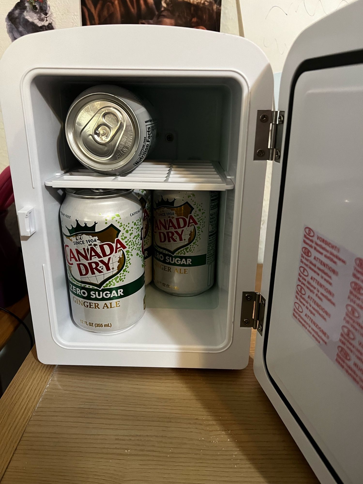 Opened fridge with four ginger ales inside