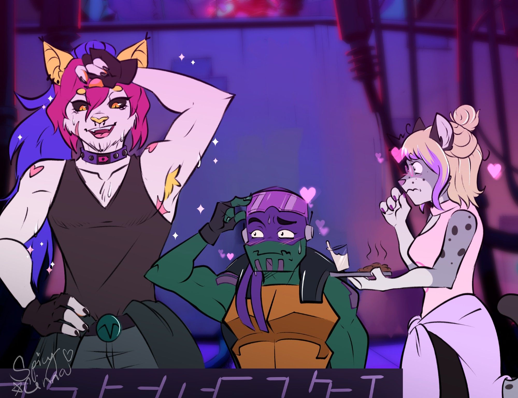 Image description: My OC Sloane (Bat-squirrel), and Donnie (Purple bandana'd turtle from ROTTMNT) are working on a project. Sloane just got done with the last finishing touches, and stood up, to wipe away their sweat. Donnie and Vennie (Snow Leopard in pink, with blond hair and lilac highlight), looks at Sloane to admire them, surrounded by imaginary hearts popping up. Vennie is also holding a tray of cookies and milk for both her partners. They're a polycule in this AU.