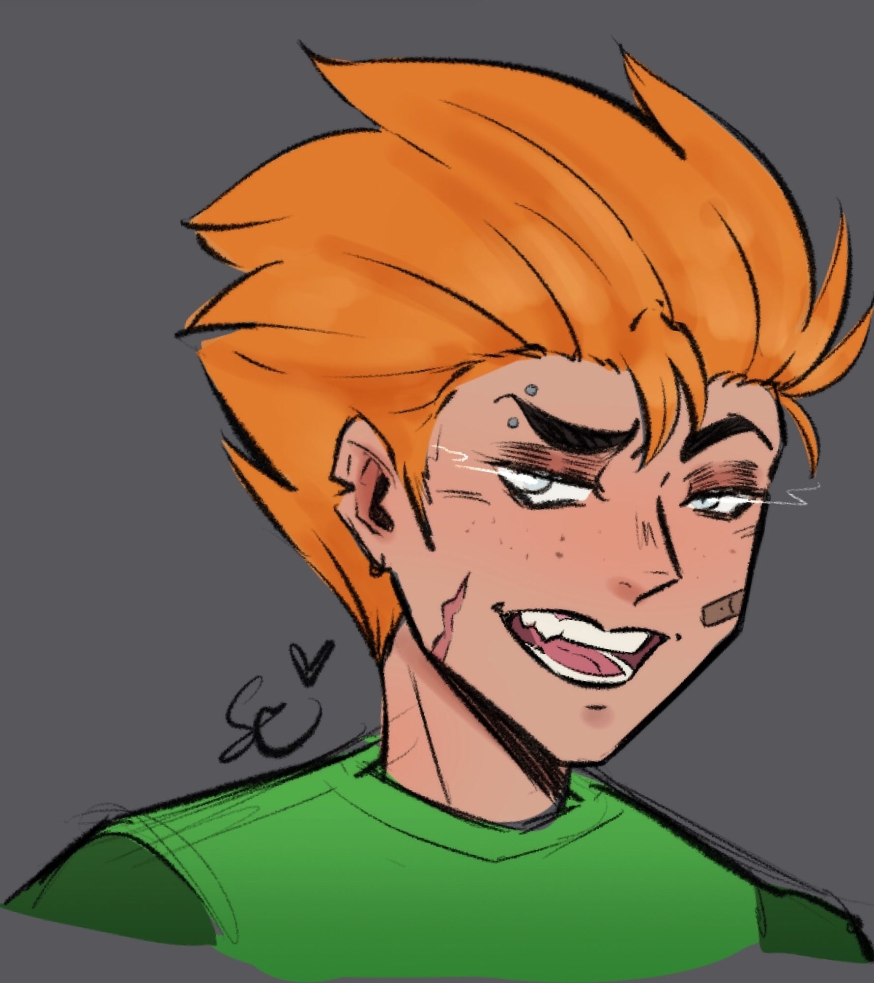 Character from the rhythm game, Friday Night Funkin. An image is a bust sketch of Pico, making a smug smile. He has spikey wild orange hair, wearing a long sleeved crewneck that is green. His eyes are white-silver. He is stinkee and tbh this is my interpretation of Pico into my style. His right ear has a cut on it, a scar running from his cheek down to his jaw. And a band-aid stuck to his face on the left cheek. I also added a brow bar on him on the right.