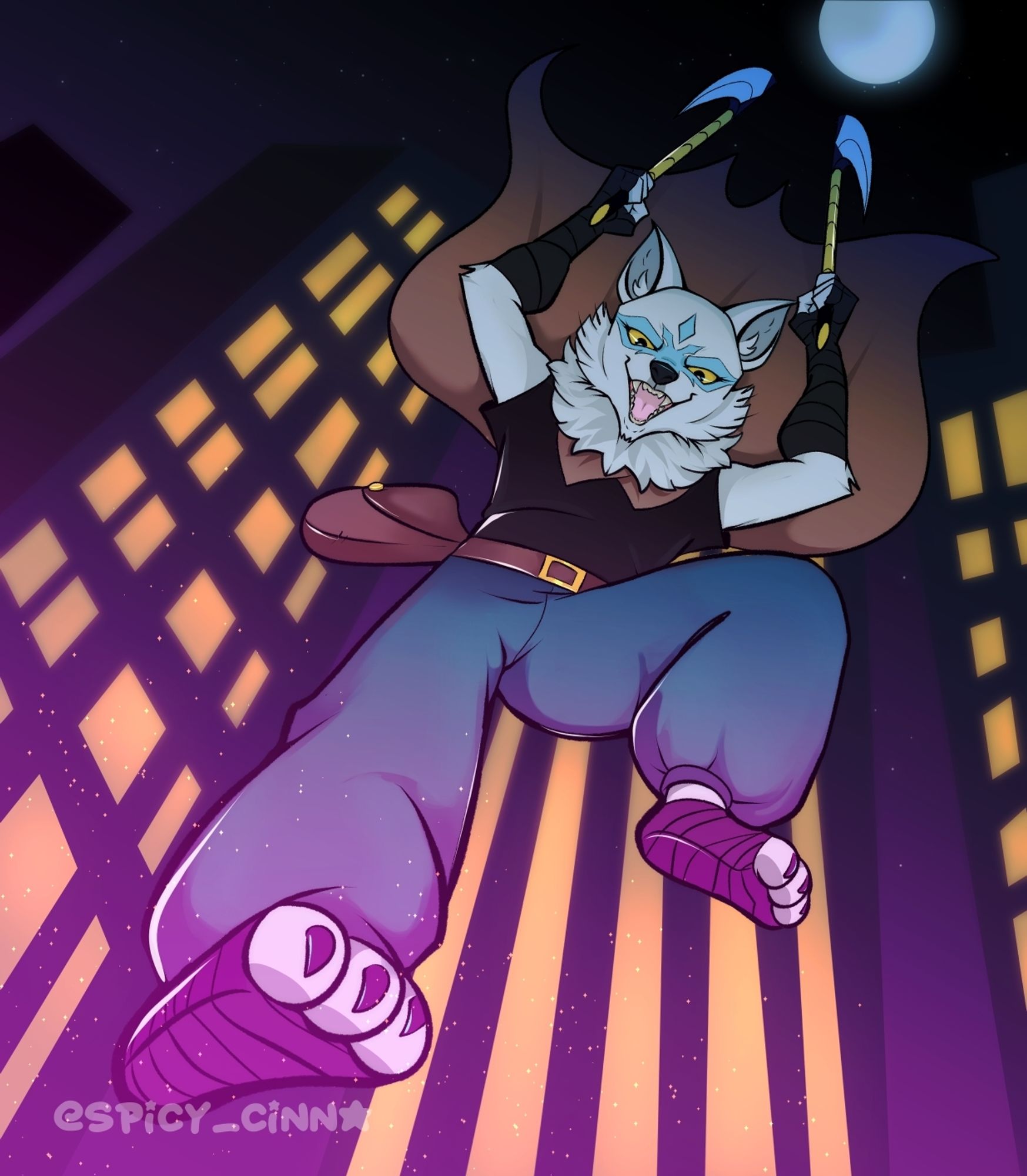 Fox character named Alopex from TMNT.

The scenery is her jumping from up above, ready to kick, holding two sickles. The background includes glowy buildings behind her. Character is under the night sky, with a full moon showing.

Alopex is a white fox, with light blue markings on the face, almost resembling a mask. She's wearing a cape, sleeveless shirt underneath, and baggy puffy pants. Her hands and feets are wrapped with black bandages.