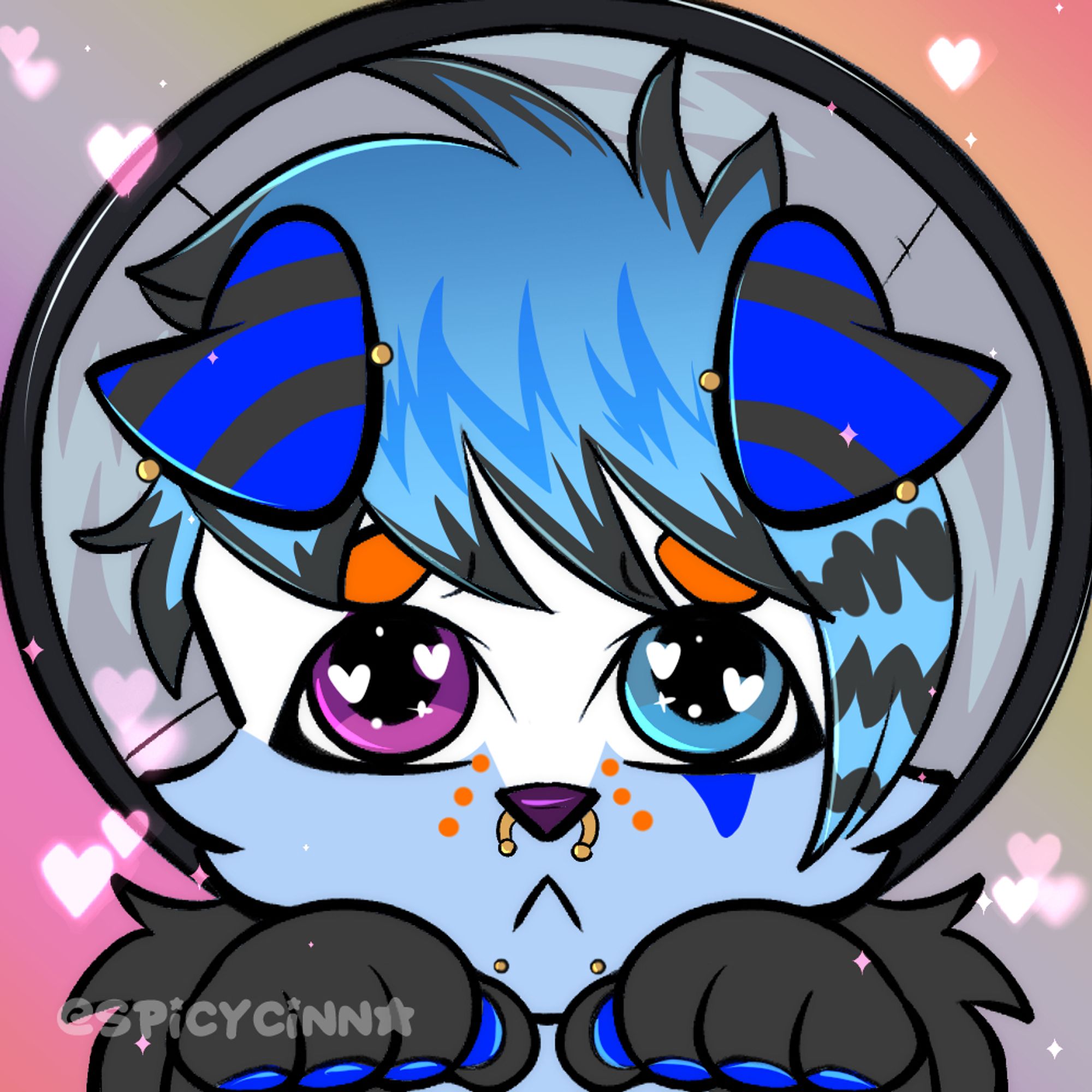 A blue wolf doge in the cone of shame lol

Image contains, a sparkledog giving the puppydawg eyes, with his paws up to his face. The background is rainbow pastel.

He has blue spikey hair, with greyish-black hair dye. Saturated blue ears with stripes, and bar piercings. Has heterochromia, purple and blue eyes, with a blue marking running down his left eye. Also has golden chin piercings and septum ring. Blue beans and has black, white and blue fur :3