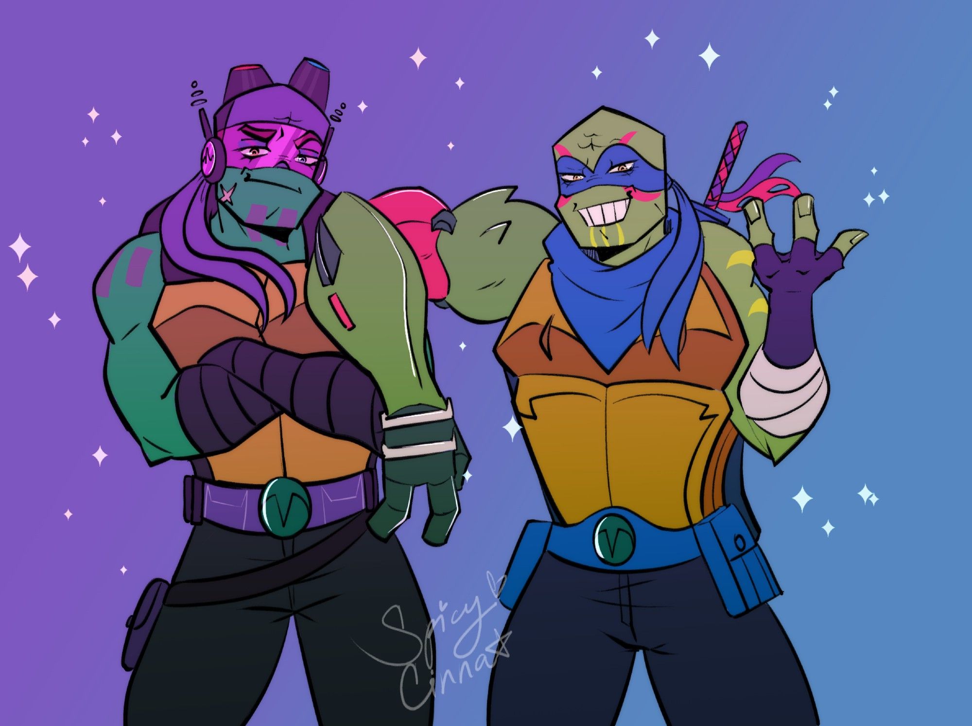 Image description: Disaster twins. Leonardo and Donatello from Rise of the TMNT, standing side by side, smiling and looking smug. Donnie has his arms crossed, while Leo's prosthetic arm [from Raph robot], is resting on Donnie's shoulder, while his left arm gestures a "Come and get us".