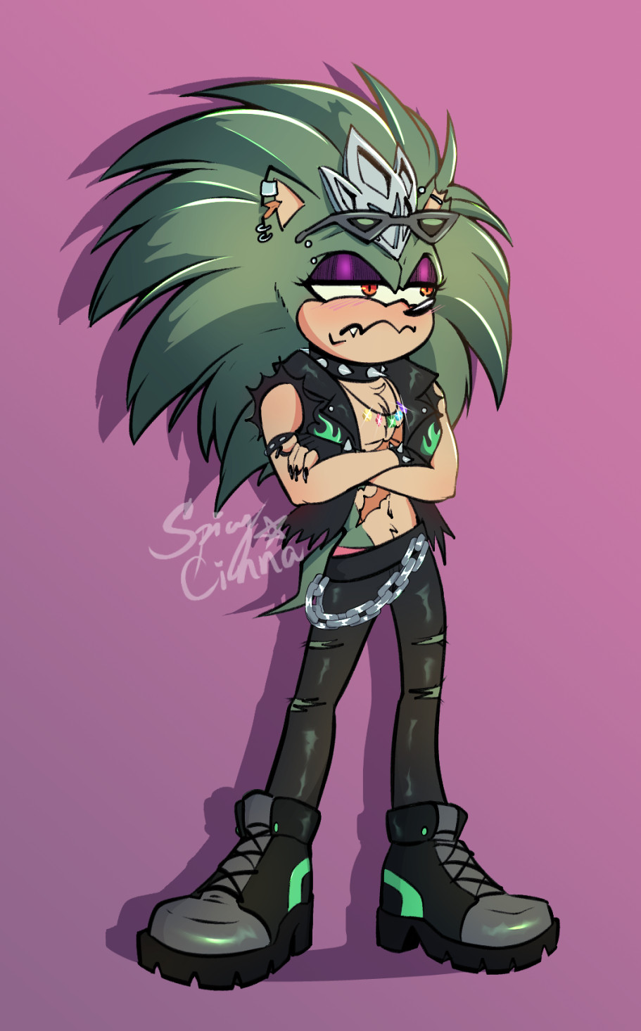 Stinky ass green hedgehog blushing.

He's wearing a ripped leather jacket, with spiked collars and wristbands. Leather pants, and greenish black boots. Has a crown, with green sunglasses on. Has ear piercings, two scars across his chest, eyes half lidded, painted purple. Has reddish-orange eyes, with arms crossed over the other.