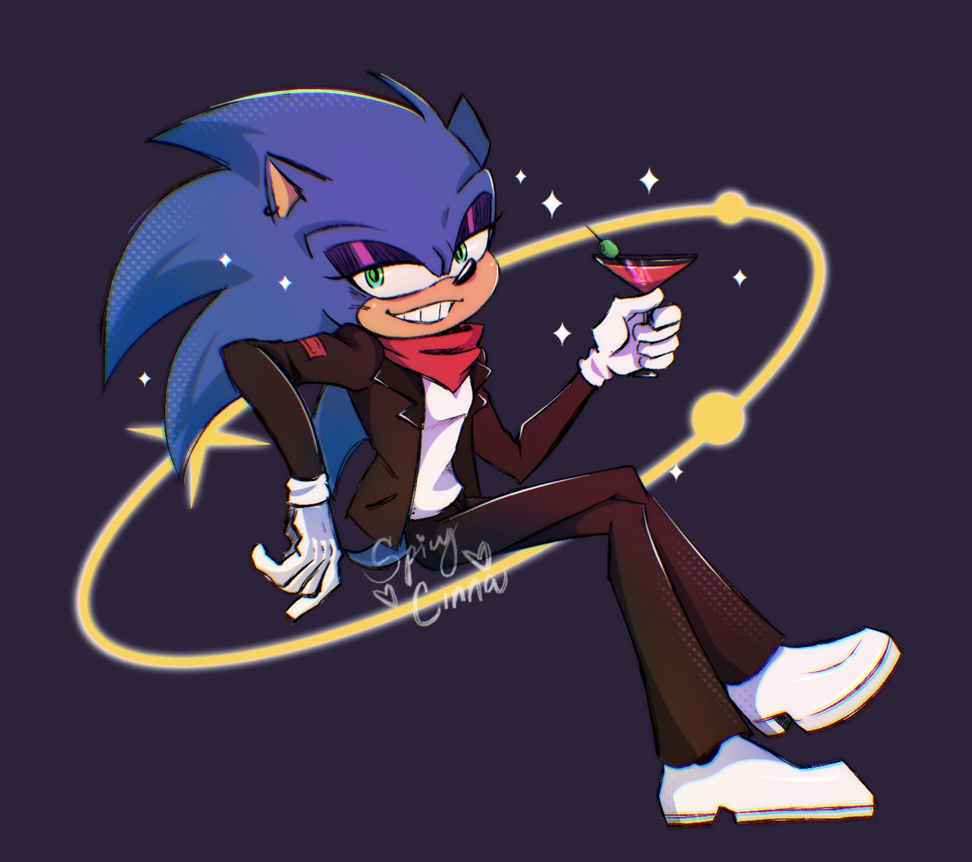 Sonic in a black leather jacket paired with black pants. His shirt is white, as well as the gloves and matching dress shoes. He's smirking at the viewer while holding a martini drink. The background is a deep purple plum shade, coupled with a galaxial space ring that glows.