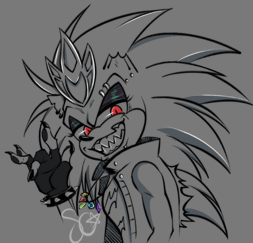 Stinky green hedghehog named Scourge, doing his gay little wave, while giving a toothy smirk.