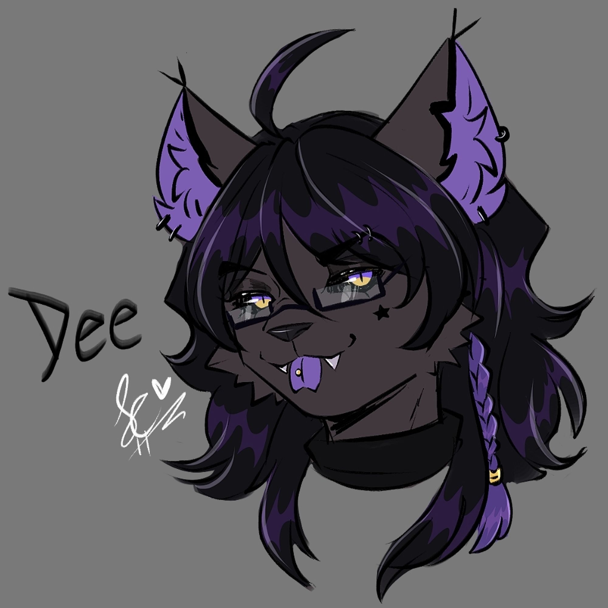 A headshot of my new truesona. A black ragdoll cat named Dee. He has shaggy wolfcut hair, with a braid on the left. He's got piercings on his furry ear tufts, one of them chipped off on the left. His color themes are purple and black. He has a smug face on, purple tongue out, with a piercing on it. He also has a small beauty mark in the shape of a star on his left cheek.