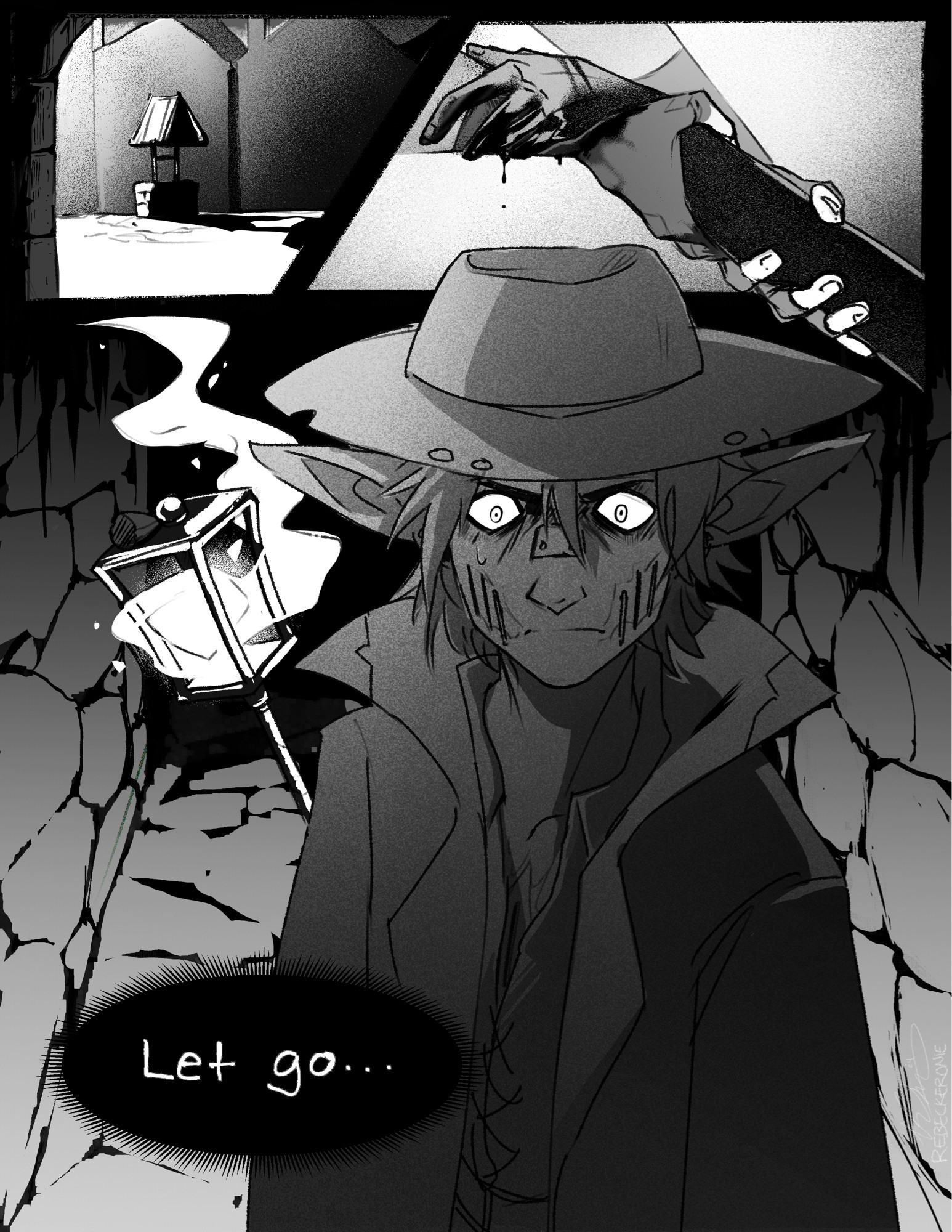 Left panel: illustration of a well. Right panel: two rough hands trying to pull someone up, who is covered in blood. Center illustration: my fire Genasi, Wick, staring down a dark alley way. A lantern behind her is glowing brightly. A call out bubble says “let go”. Her eyes are wide and scared.