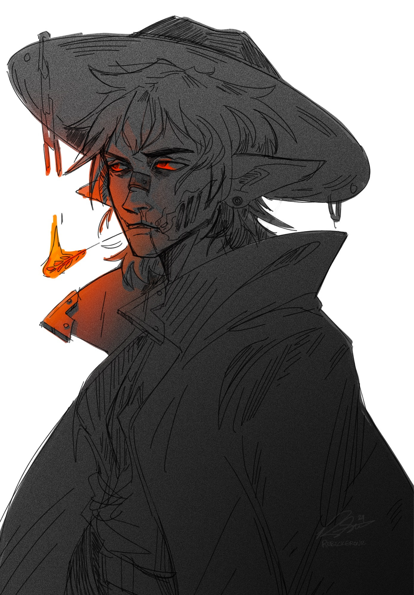 A cowboy fire genasi with vents in her cheeks. She has a piece of straw hanging out of her mouth and its lit like a cigarette.