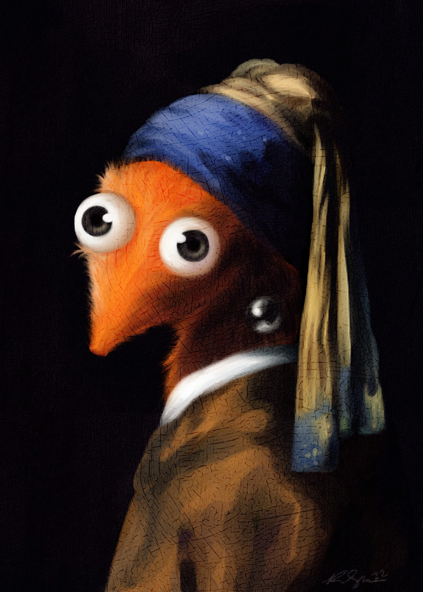 A painting of the girl with a pearl earring but its a worm on a string