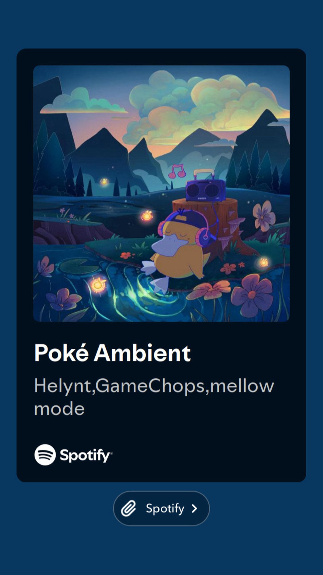 Screenshot of Poke Ambient, an album by gamechops and Helynt. The art is a psyduck sitting by a pond listening to music peacefully. I did this art!!