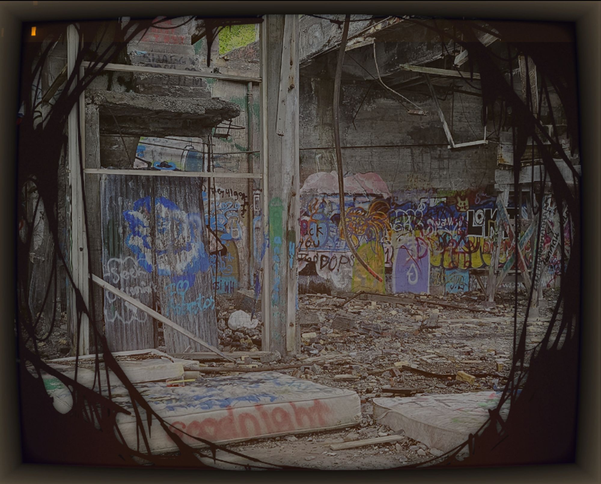 Old monitor with scan lines of a picture of an abandoned mill with a mattress that says goodnight