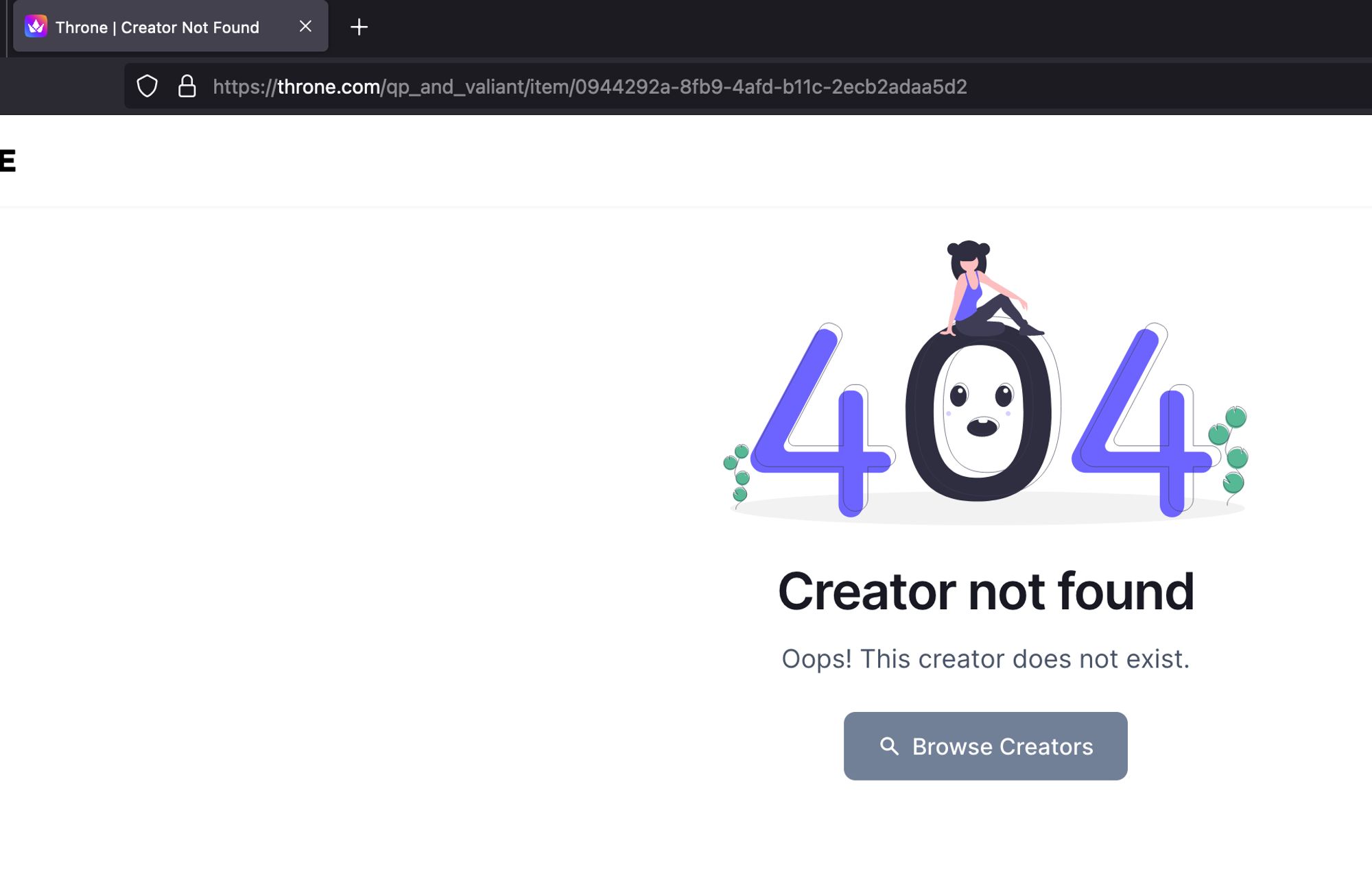 QP's throne page for the dishwasher with 404 creator not found error message