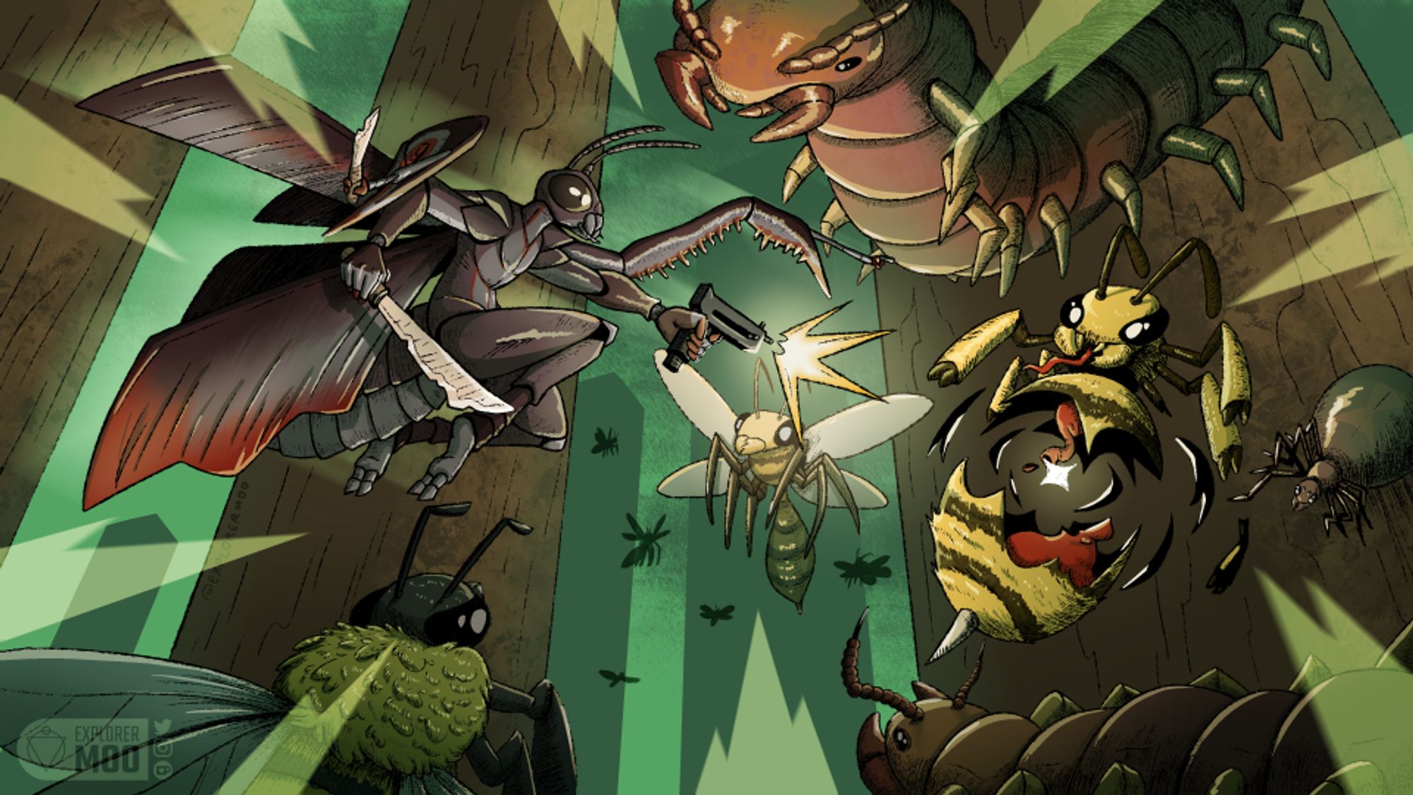 An action scene featuring a reddish-brown anthro praying mantis on a  dark greenish forest background, fighting off a horde of bugs (bees, wasps, centipedes, spiders) that attack him. He holds an UZI-like gun in his left hand, blasting away a big chunk off a bee, leaving its guts peeking out. On his other hand he holds a machete, and the small hands (tarsi) at the end of his scythes are also holding the same weapons.