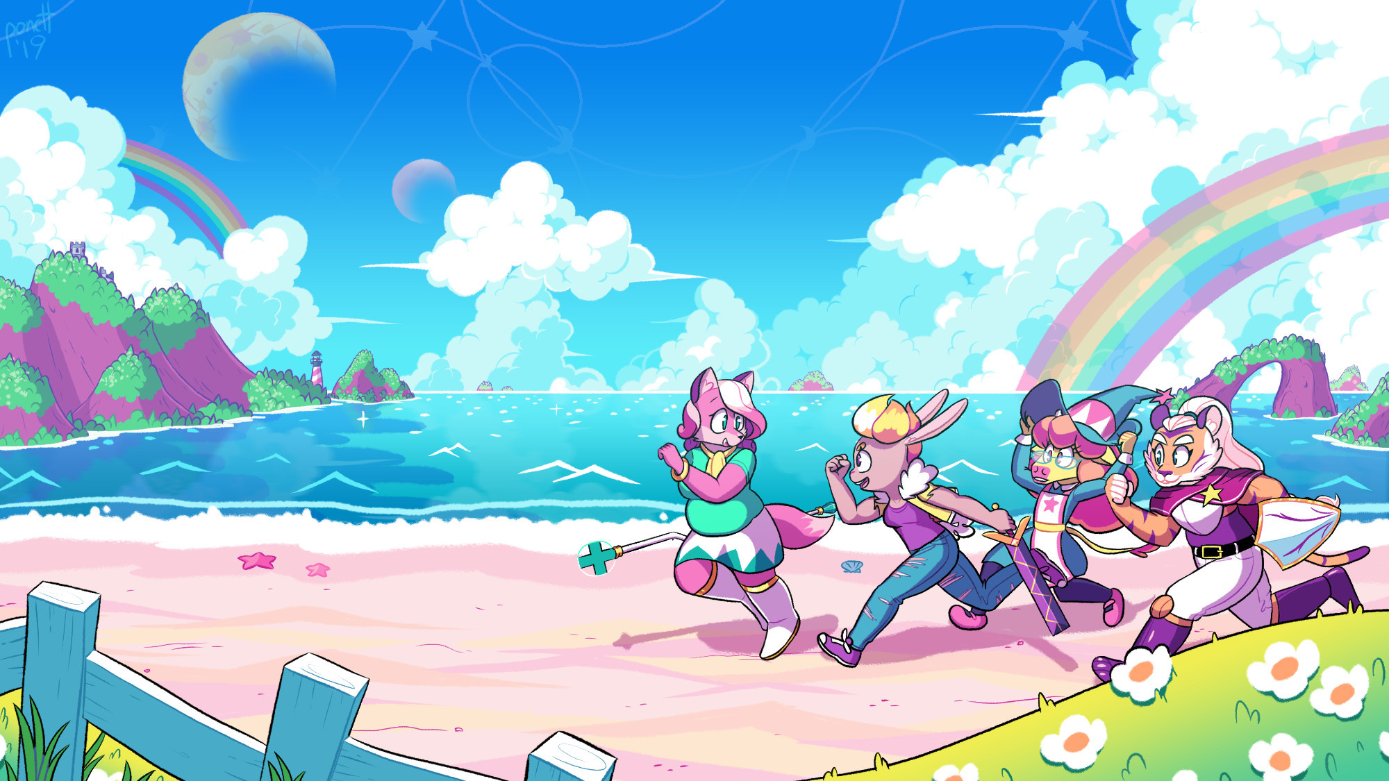 Key art from Super Lesbian Animal RPG, featuring the four party members running along the beach