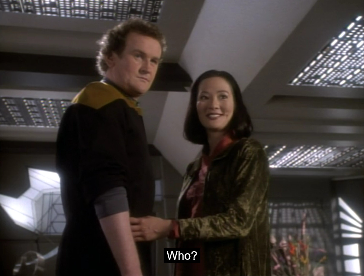 Miles and Keiko O'Brien turn to look at their daughter. "Who?" asks Keiko.