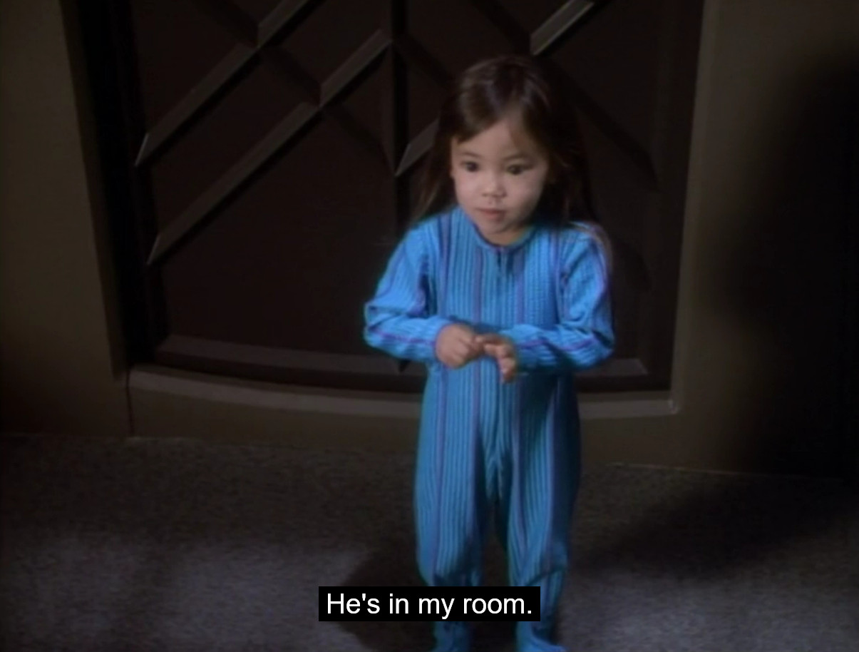 A screenshot from Star Trek: Deep Space Nine. A young Keiko O'Brien says "He's in my room."