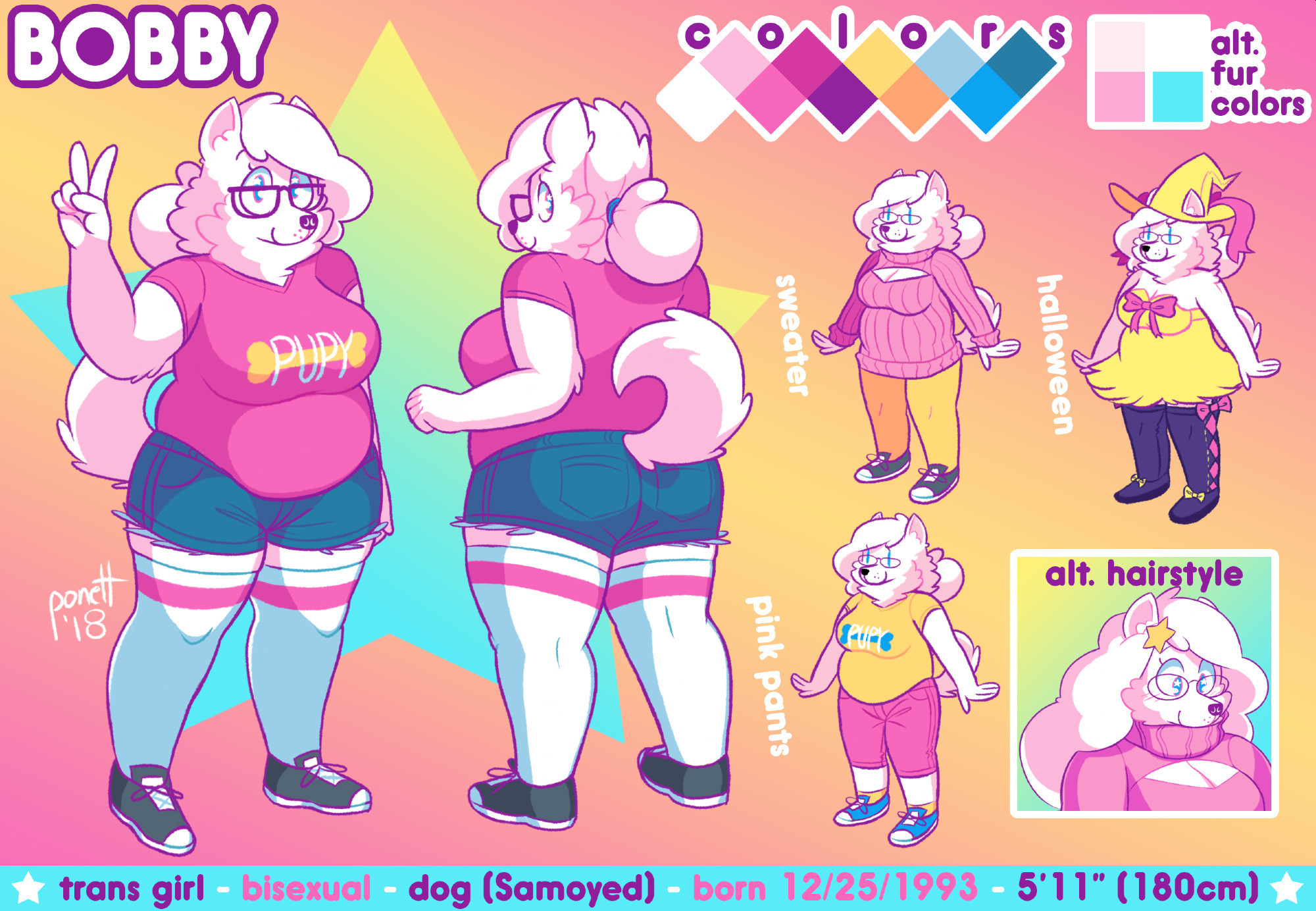 The ref sheet for my fursona, an anthropomorphic Samoyed