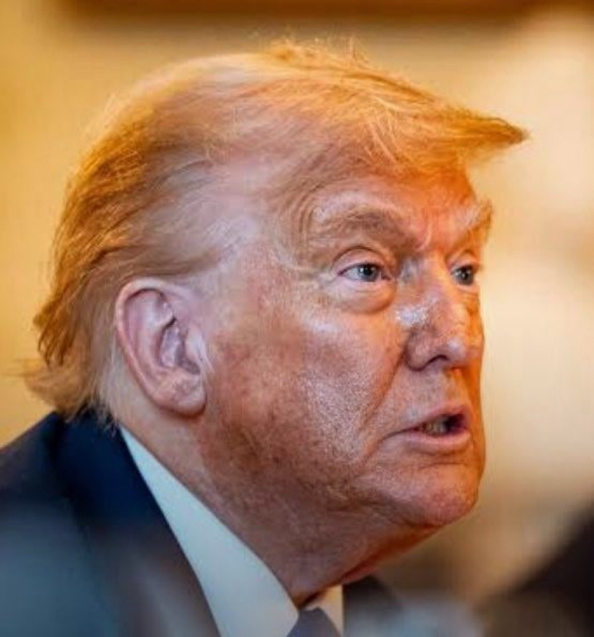 A greasy, leather faced blob of badly tanned flesh, with an ear that wasn’t shot off and hair that is receding so badly, it looks like the early stages of a birds nest. 