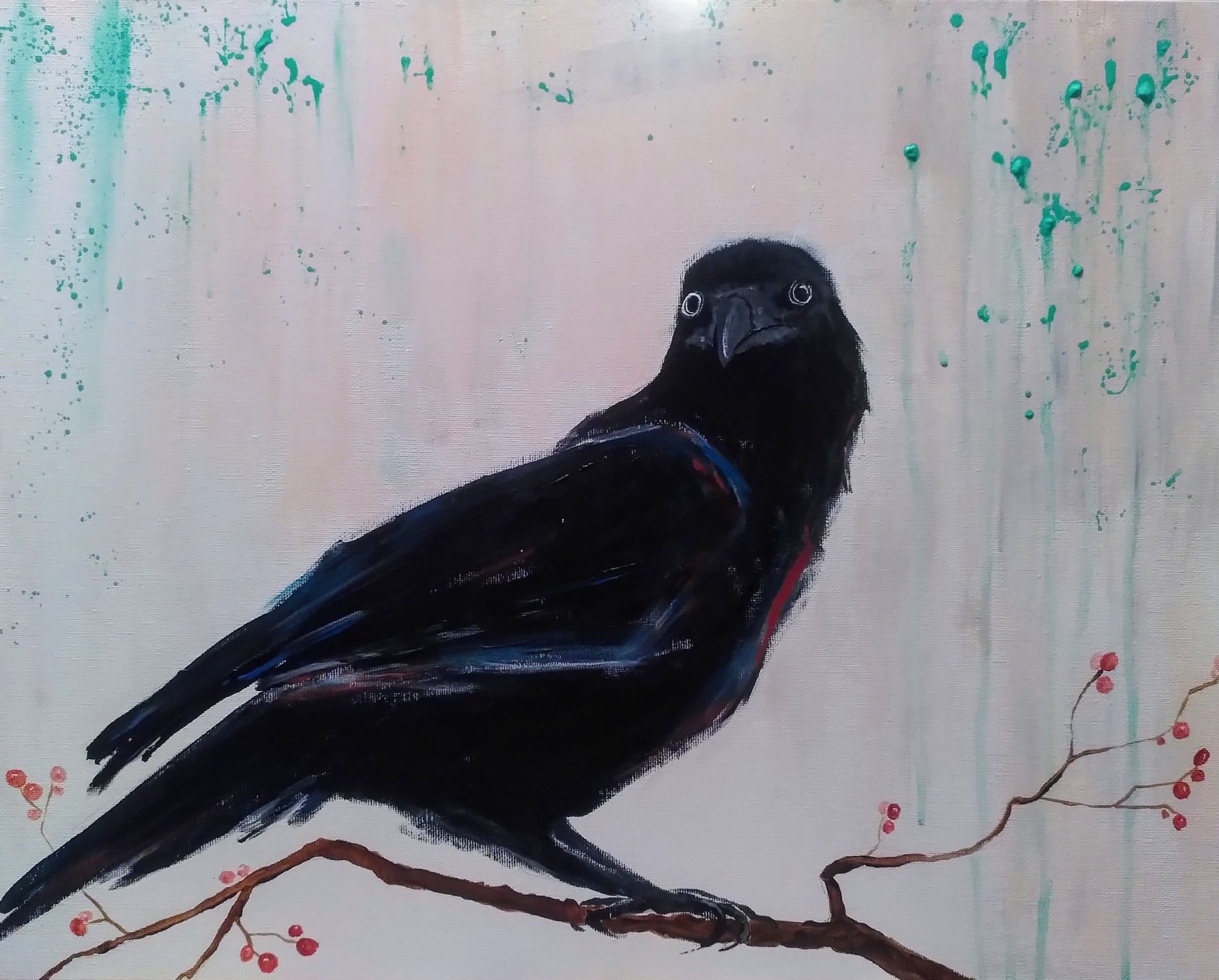 Acrylic painting of a crow looking into the camera