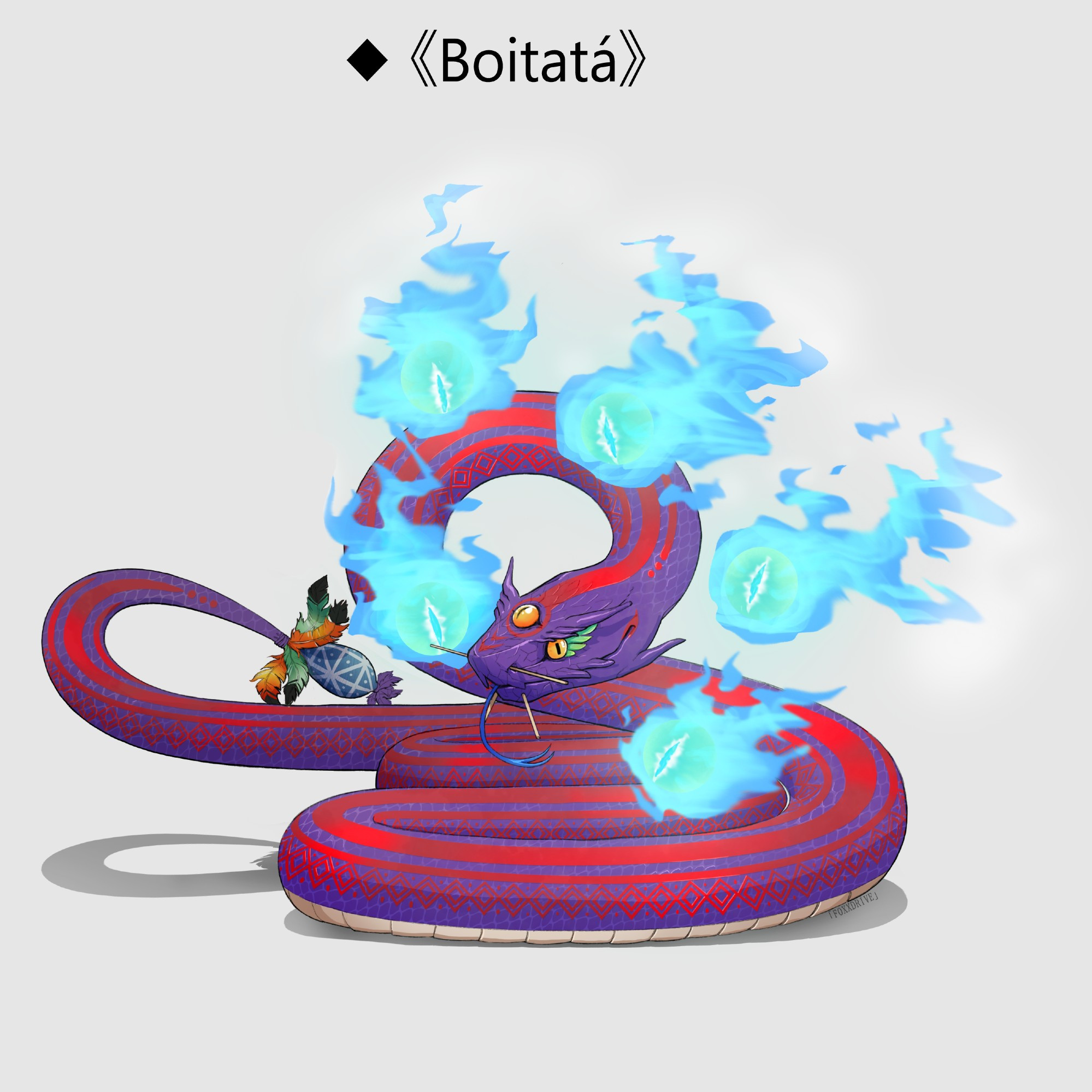 Boitatá as a big purple snake with red indigenous markings along his body and five big blue fire eyes