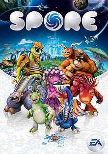 Boxart for the game ‘SPORE’ by Electronic Arts.

Many alien creatures decorate the cover (left to right)
-A tall one eyed green alien with a long night and bright orange construction wear.
-A stout blue and red spotted stegosaurus like alien with many spikes along it’s back.
-a small green friendly alien with two bulbous antennae.
-A pink feminine alien with a pink skirt and bulbous hair.
-A small red 3 eyes cellular alien sitting in a puddle of water.
-A short blue alien with a long trunk and tail, and bright yellow eyes holding a spear.
-A large red alien holding a trex-like posture.
A tall orange alien holding a club with a large grin. They have the appearance of an Orc with two large spiral horns ontop of their head.

They are standing on a white surface with multiple planets and spaceships flying in the background. A city and space are both visible in the distance.