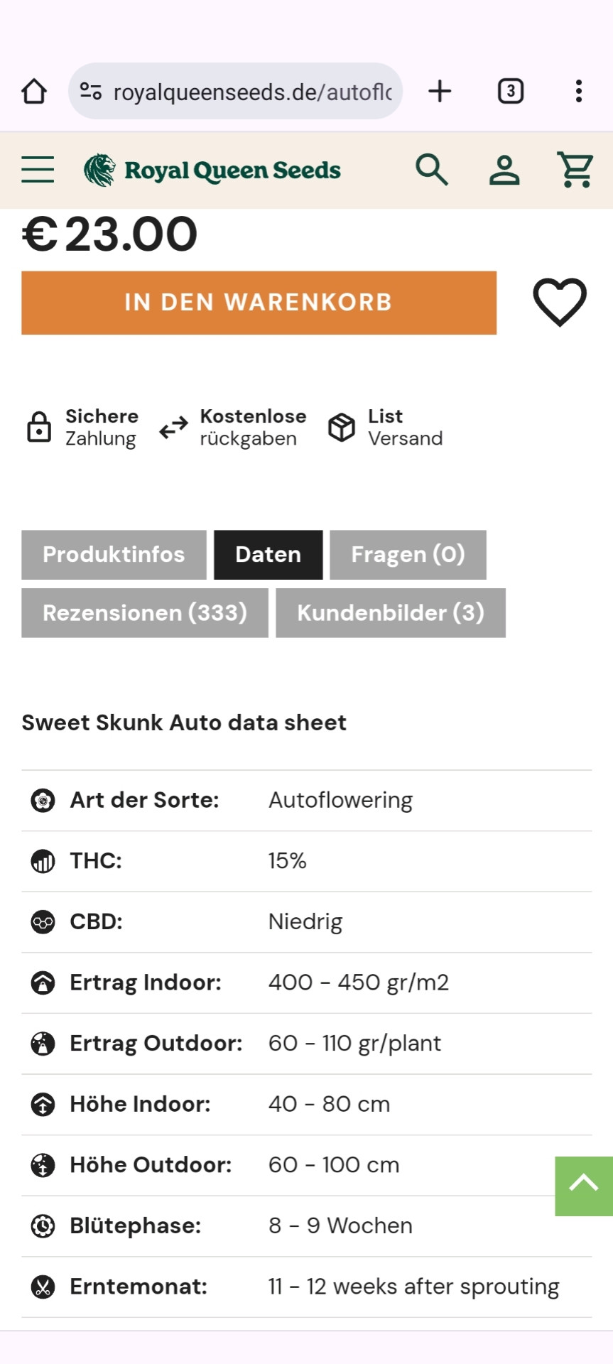 Data-Sheet Strain "Sweet Skunk Auto", Seedbank Royal Queen Seeds. Autoflowering, THC-Gehalt 15%, CBD-Gehalt niedrig. Ertrag Indoor/Outdoor: 400g/m²; 60g/Pflanze. Blütephase 8-9 Wochen; Ernte 11-12 Wochen nach Keimung.