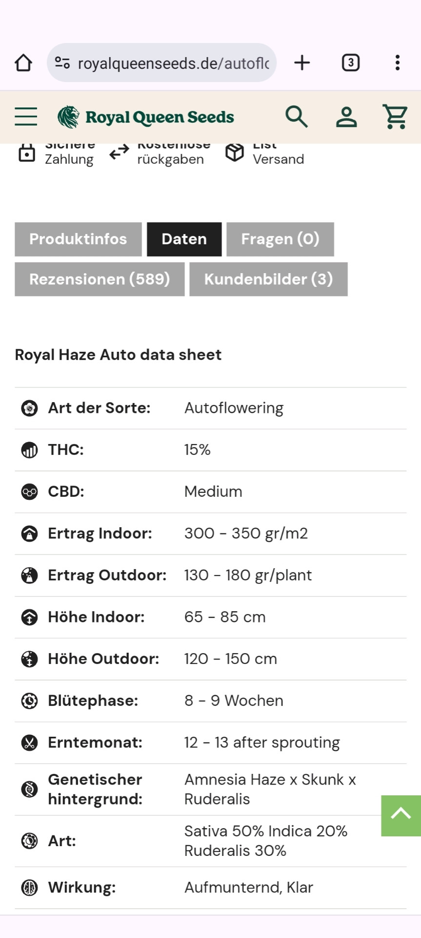 Data-Sheet Strain "Royal Haze", Seedbank Royal Queen Seeds. Autoflowering Strain, THC-Gehalt 15%, CBD-Gehalt medium. Ertrag Indoor 300g/m²; Outdoor 130g/Pflanze. Blütephase 8-9 Wochen, Ernte 12-13 Wochen nach Keimung. Sativa 50%, Indica 20%, Ruderalis 30%>