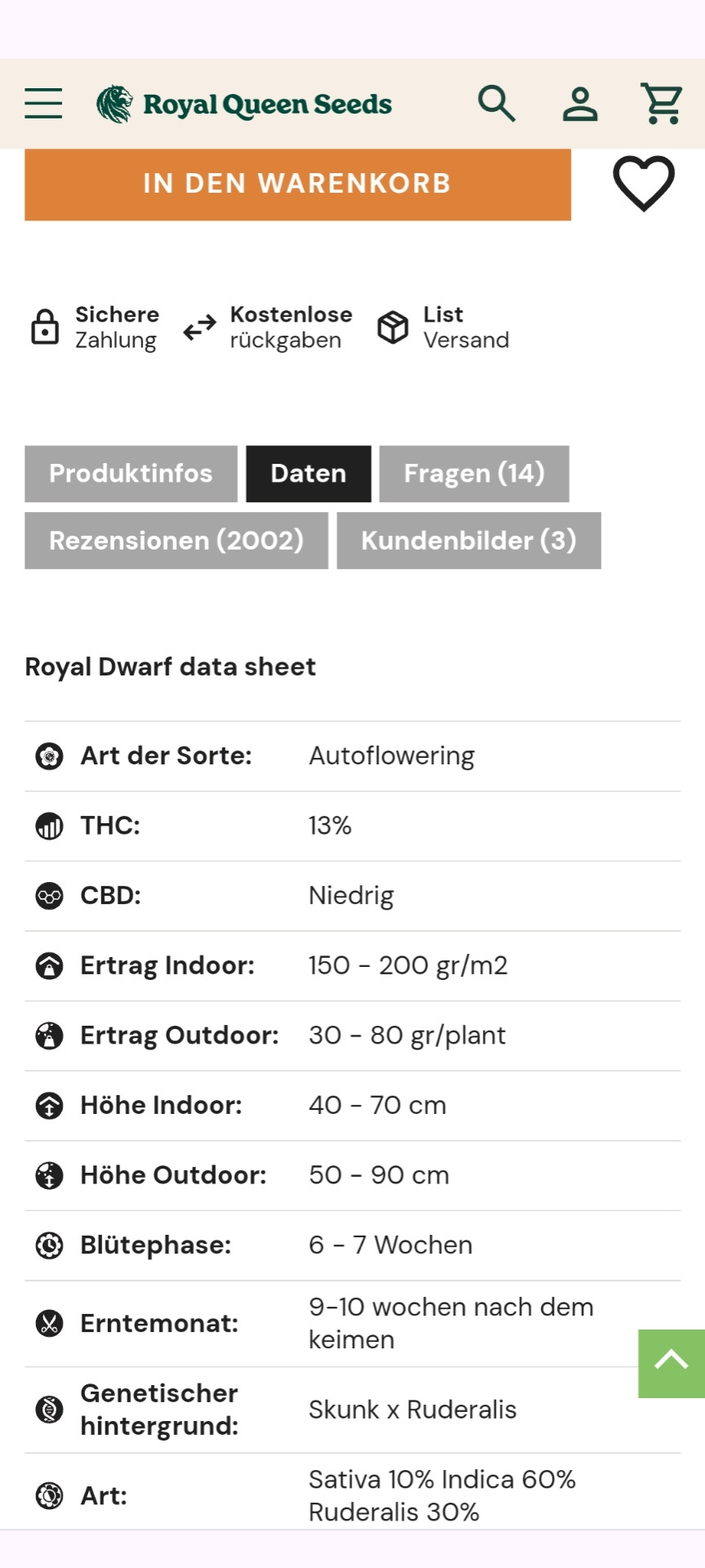 Sogenanntes Data-Sheet, Strain "royal dwarf", Seedbank Royal Queen Seeds: ein Autoflowering Strain mit 13% THC und niedrigem CBD-Gehalt. Ertrag Indoor/Outdoor 150g/m² bzw 30-80g/Pflanze. Blütephase 6-7 Wochen, Ernte 9-10 Wochen nach dem Keimen.10% Sativa, 60%Indica, 30% Ruderalis.