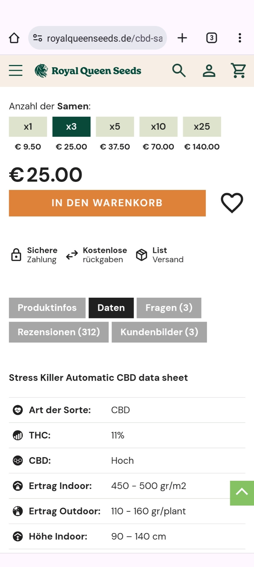 Data-Sheet Strain "Stress Killer Automatic CBD", Seedbank Royal Queen Seeds. Autoflowering Strain, THC-Gehalt 11%, CBD-Gehalt hoch. Ertrag Outdoor/Indoor: 110g/Pflanze; 450g/m². Keine Angaben zu Blüte- oder Erntezeit.