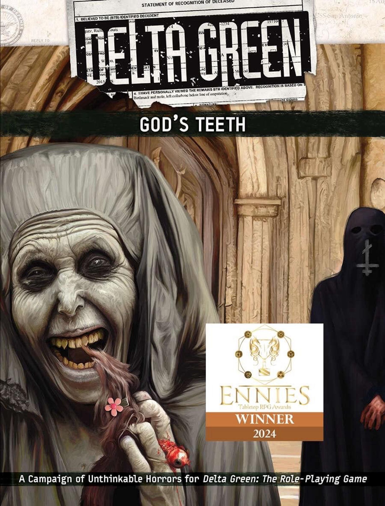 Cover of Delta Green: God’s Teeth. A monstrous nun-like thing eating a child’s hair