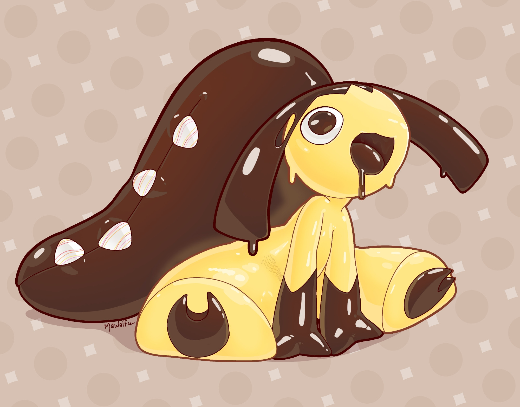 A mawile sitting and looking hella derpy, looks like she's made out of mousse, chocolate and passion fruit flavored mousse. so cute.