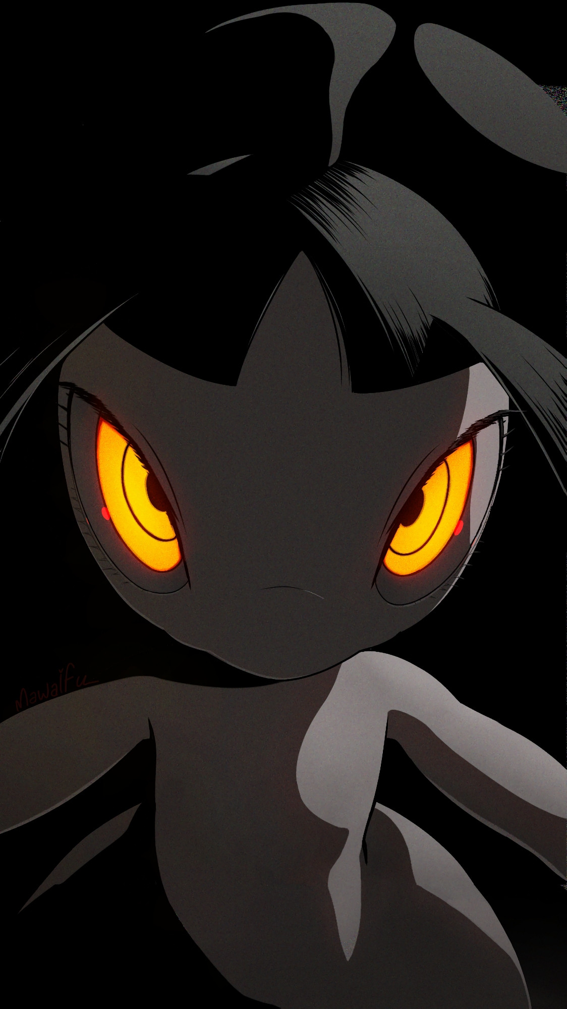 A mawile in the dark only lit by one source of light, Mawile's face is covered by shadows, the focus of the image is Mawile's eyes, glowing bright orange in the dark, mawile is in the center of the piece and it looks at you, deep into you...