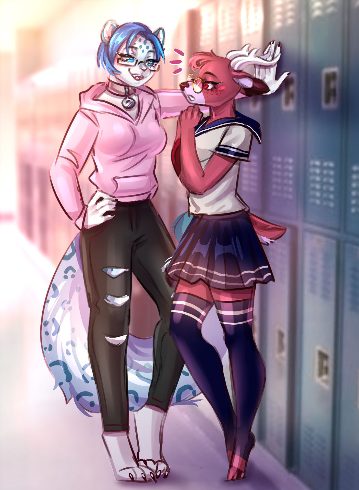 Allo and Fizzy art in a school setting. Allo is hitting on Fizzy with her arm pushed against the lockers.