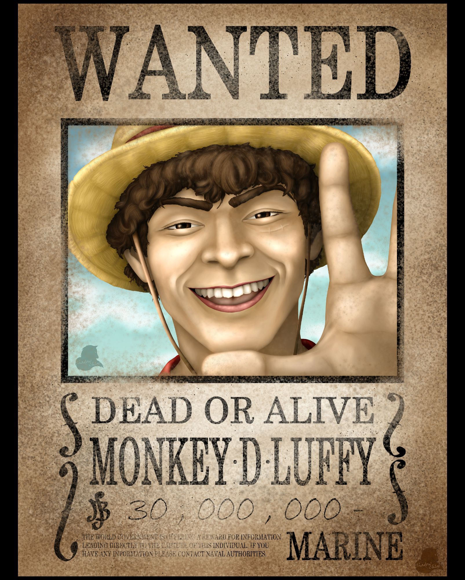 Fanart of a wanted poster from One Piece. The poster features Iñaki Godoy as Monkey D. Luffy. He has tan skin, dark curly hair, dark eyes, a red shirt, and a straw hat. He is smiling and waving at the viewer.