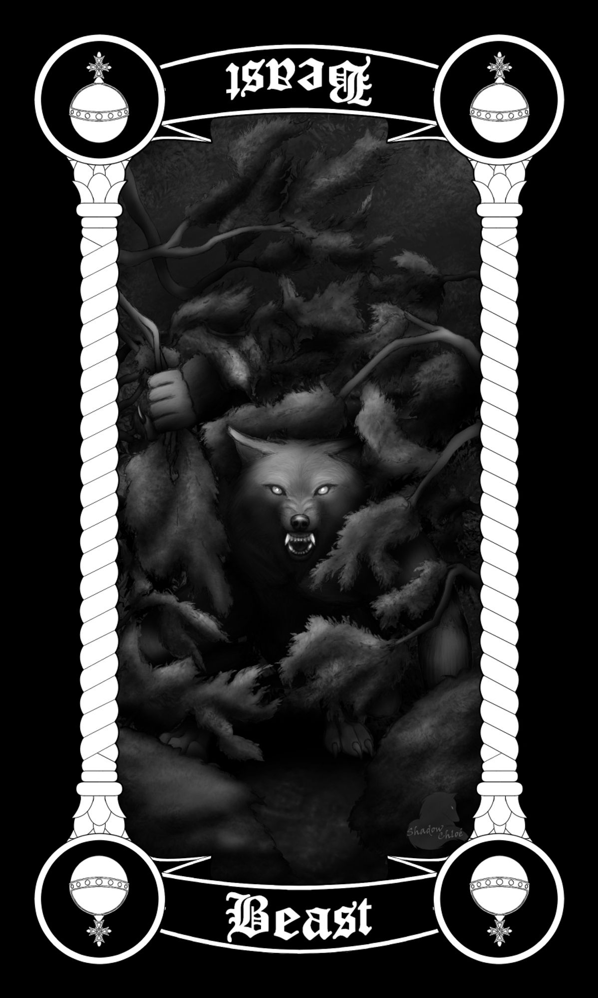 Part of a custom tarokka deck. This image represents the High Deck's Beast. A grayscale image of a wolf-like beast man peaking through branches and foliage. Their head and snarl are clearly visible, and their right hand is holding a branch above their head. A glimpse of their left hindpaw is visible past the foliage.