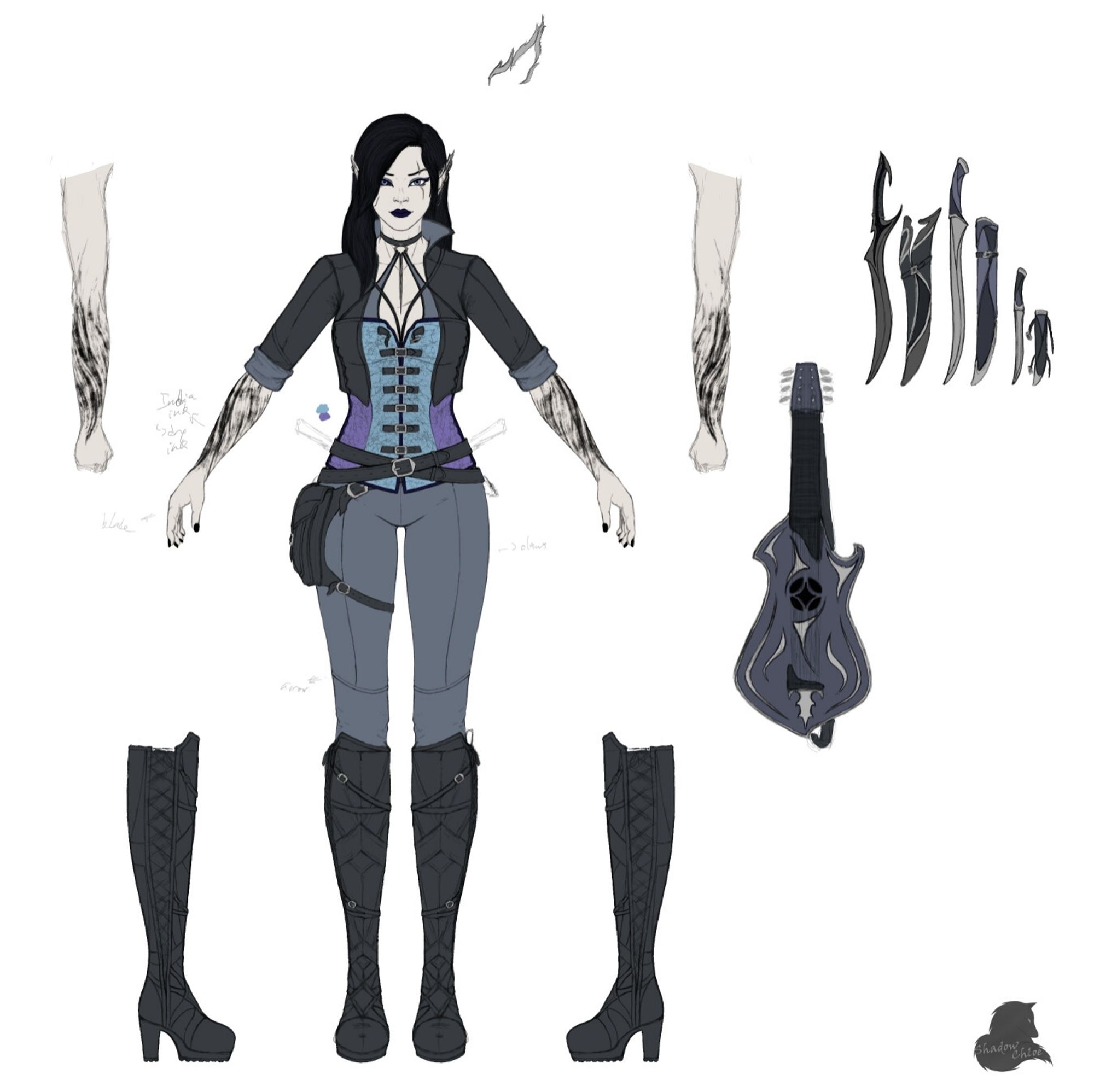 The concept art/design sheet of the pale skinned, dark haired elf in the previous image. She has black abstract tattoos on her forearms and black nail polish. She wears a blue and purple corset, a black strappy bra, a cropped black leather jacket, gray pants, black leather knee high heeled boots, two black leather belts crossed over one another, and a black leather thigh holster satchel. Details of her tattoos and boots are shown on either side of her. 
To the right is the design of her lute, her weapons (two different shortswords and a dagger), and their sheaths.