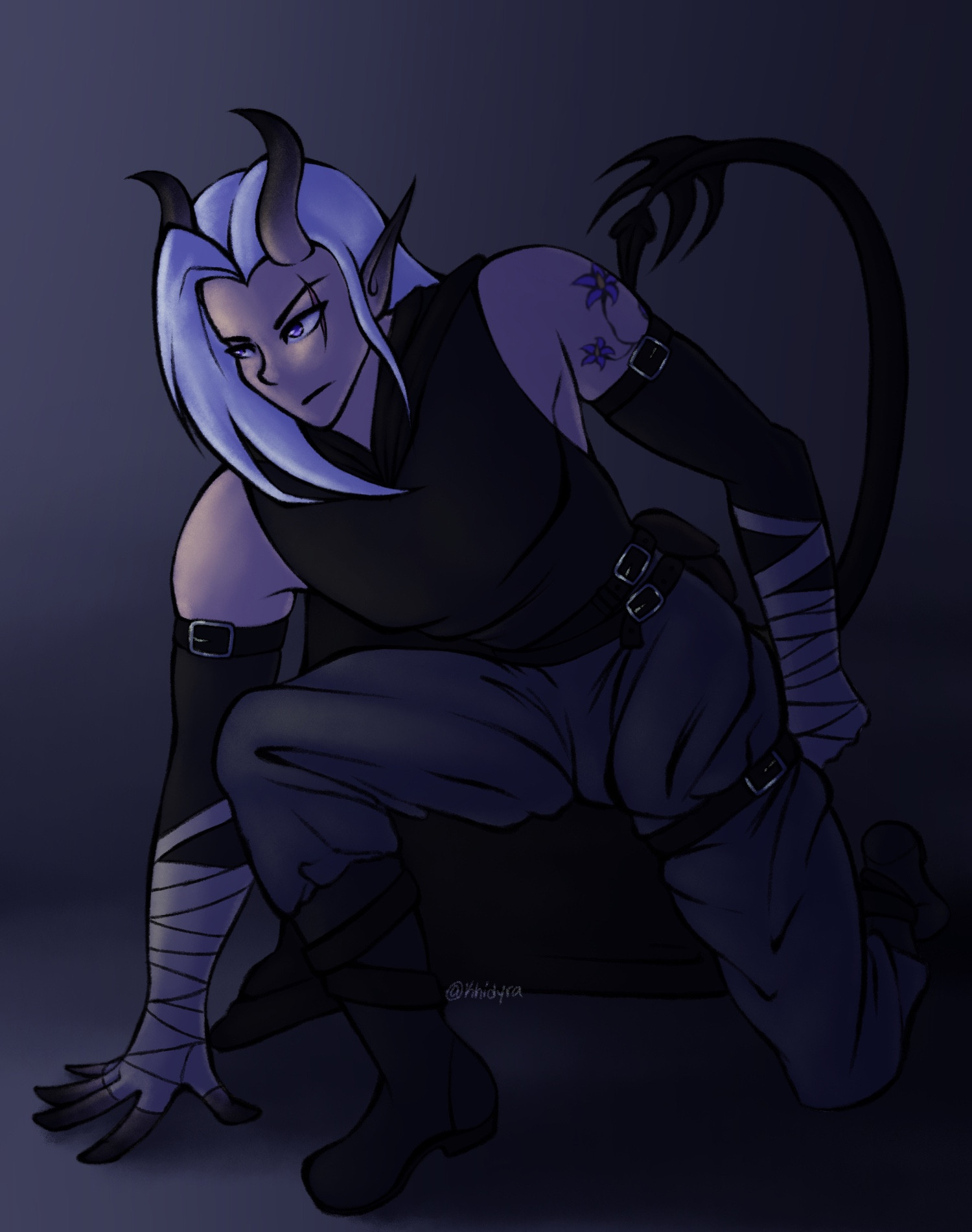 This is Kayn Khidyra, well the second iteration of him. The OG was also a tiefling rogue and is what I ended up naming myself after. Funnily enough I have barely played the OG Kayn, but his character was the start of a whole story that I fell in love with and if I have no better idea, I just connect them to that backstory. 
Anyways, he’s a very stereotypical rogue personality wise but he cares for those close to him, being the party medic and learned those skills just to help the party. He’s the type of character who’s rough on the outside but soft on the inside. 
He also recently got himself into a bit of a pickle…. I posted a wip recently on my page if you wanna get a taste as to how he’s gonna get traumatized