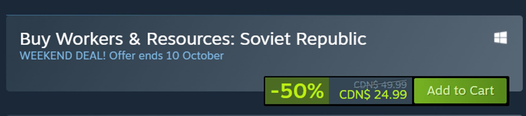 Steam interface showing Workers & Resources: Soviet Republic for half off.